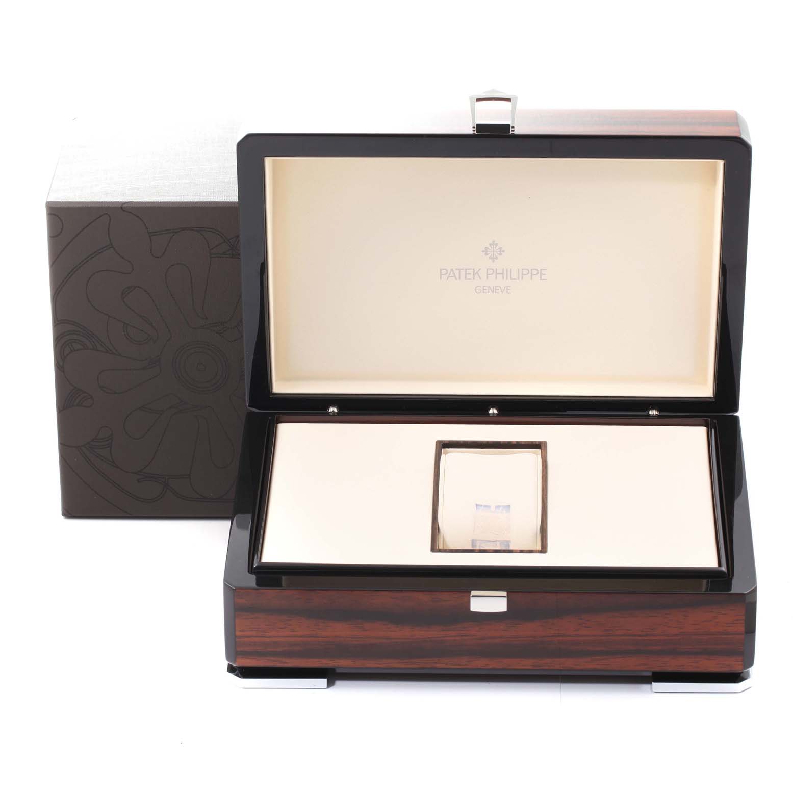 The image shows the opened box of a Patek Philippe Complications 5396G - 011 Men's White Gold Silver Dial 5396G - 011 Men's White Gold Silver Dial model, displaying its packaging and interior.