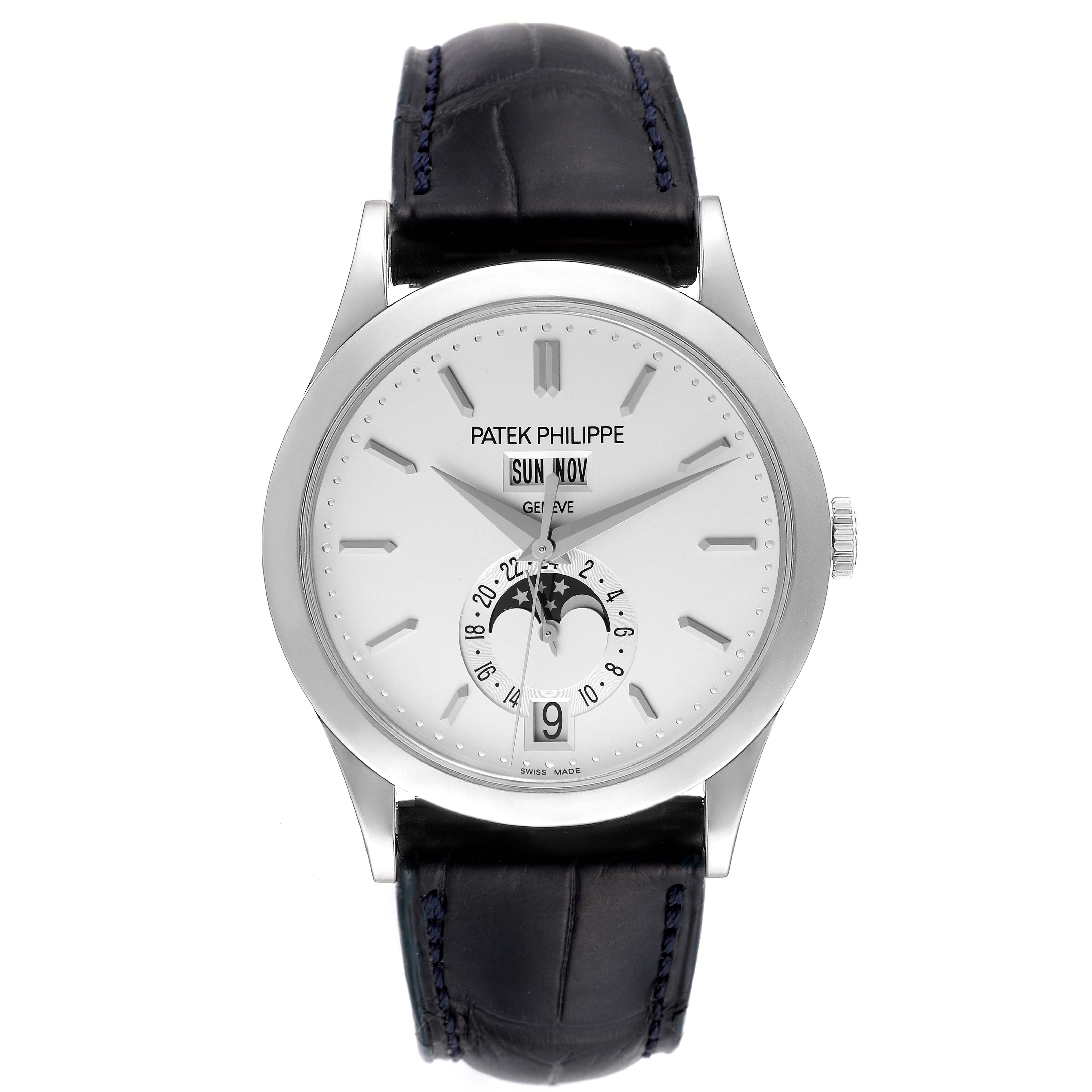 The image shows a frontal view of the Patek Philippe Complications 5396G - 011 Men's White Gold Silver Dial 5396G - 011 Men's White Gold Silver Dial watch, highlighting its dial, hands, and leather strap.
