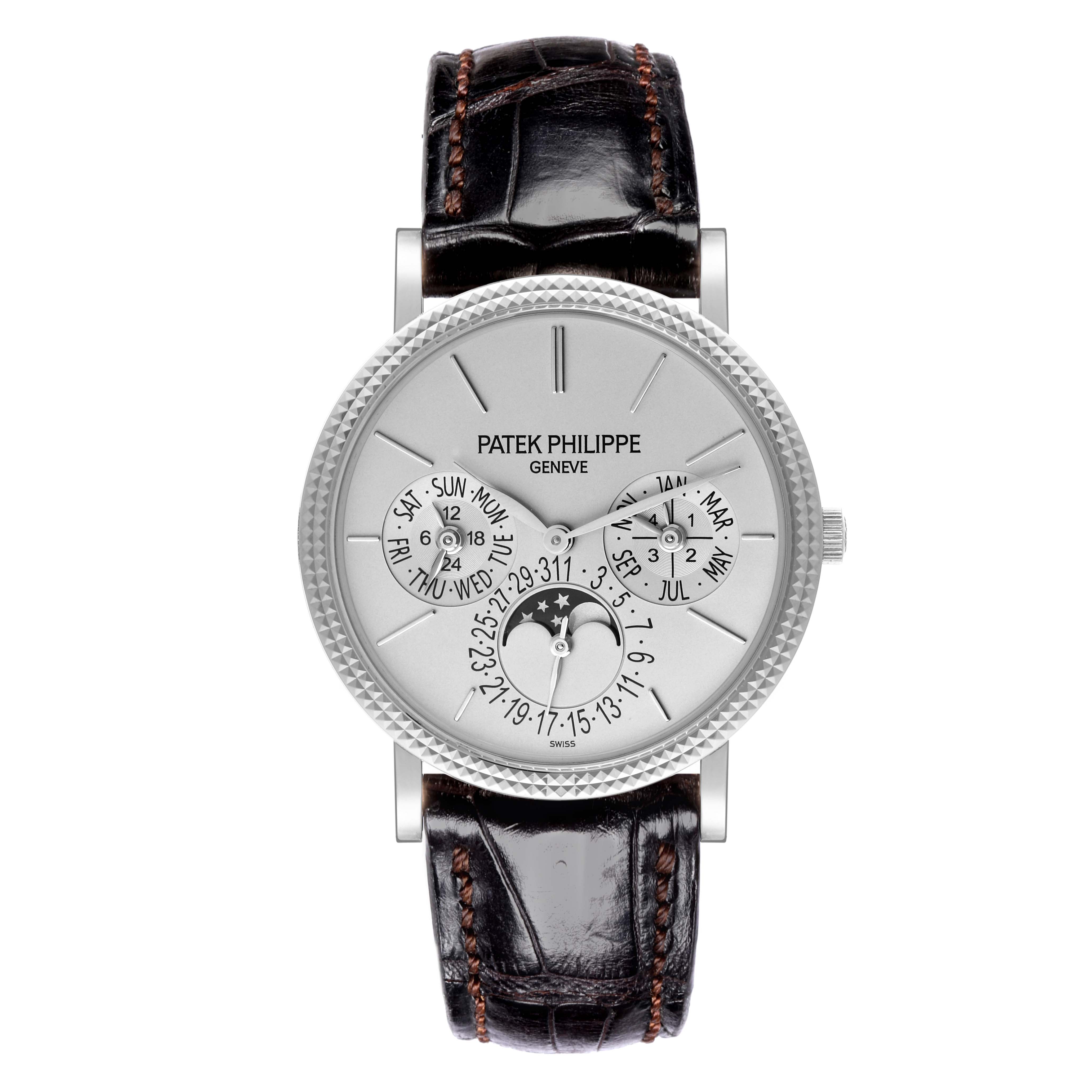 The Patek Philippe Complications 5139G-001 Men's White Gold Grey Dial 5139G-001 Men's White Gold Grey Dial watch is shown from the front, highlighting its moon phase and calendar features with a leather strap.