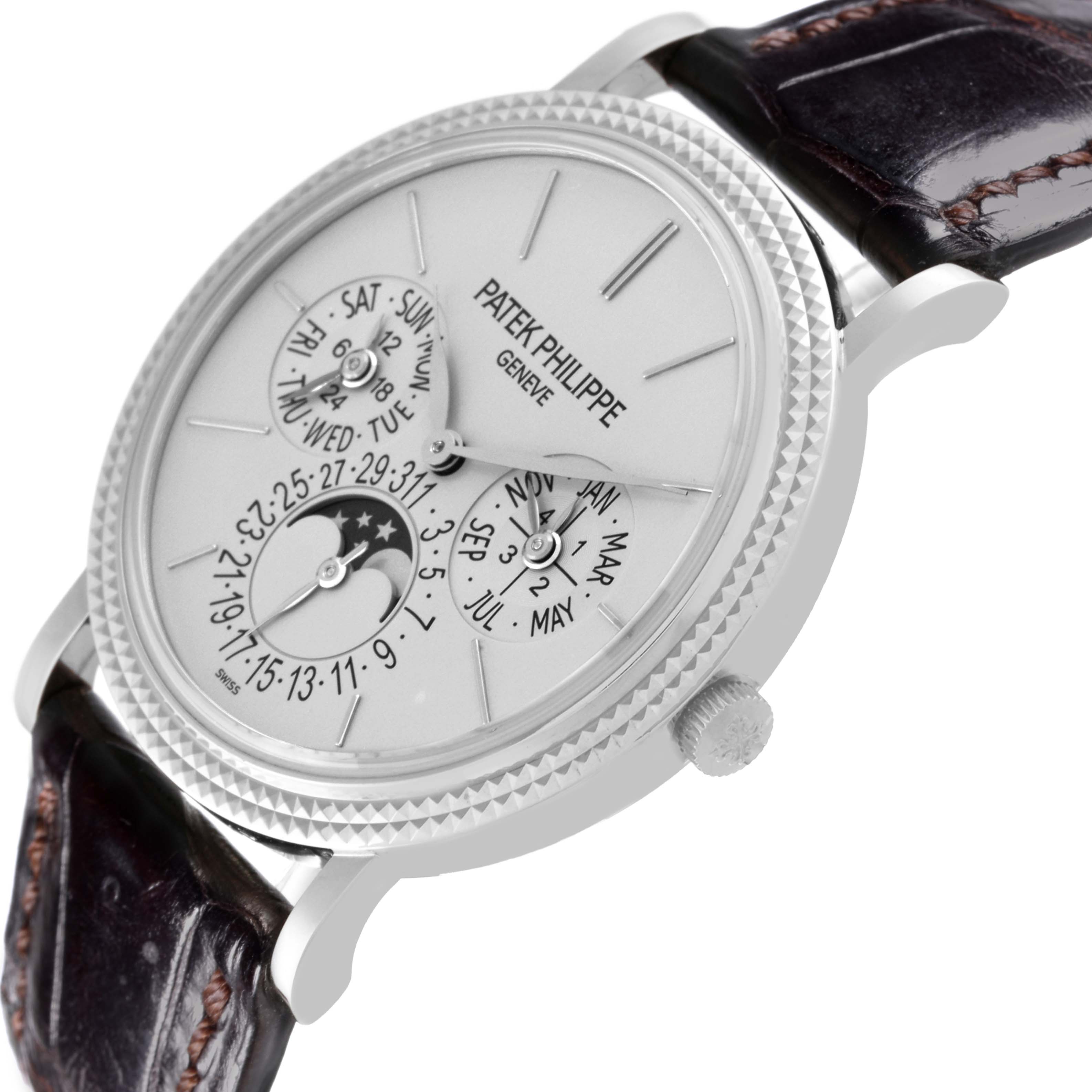 The Patek Philippe Complications 5139G-001 Men's White Gold Grey Dial 5139G-001 Men's White Gold Grey Dial watch is shown at a side angle, displaying the dial with three sub-dials and a textured bezel.