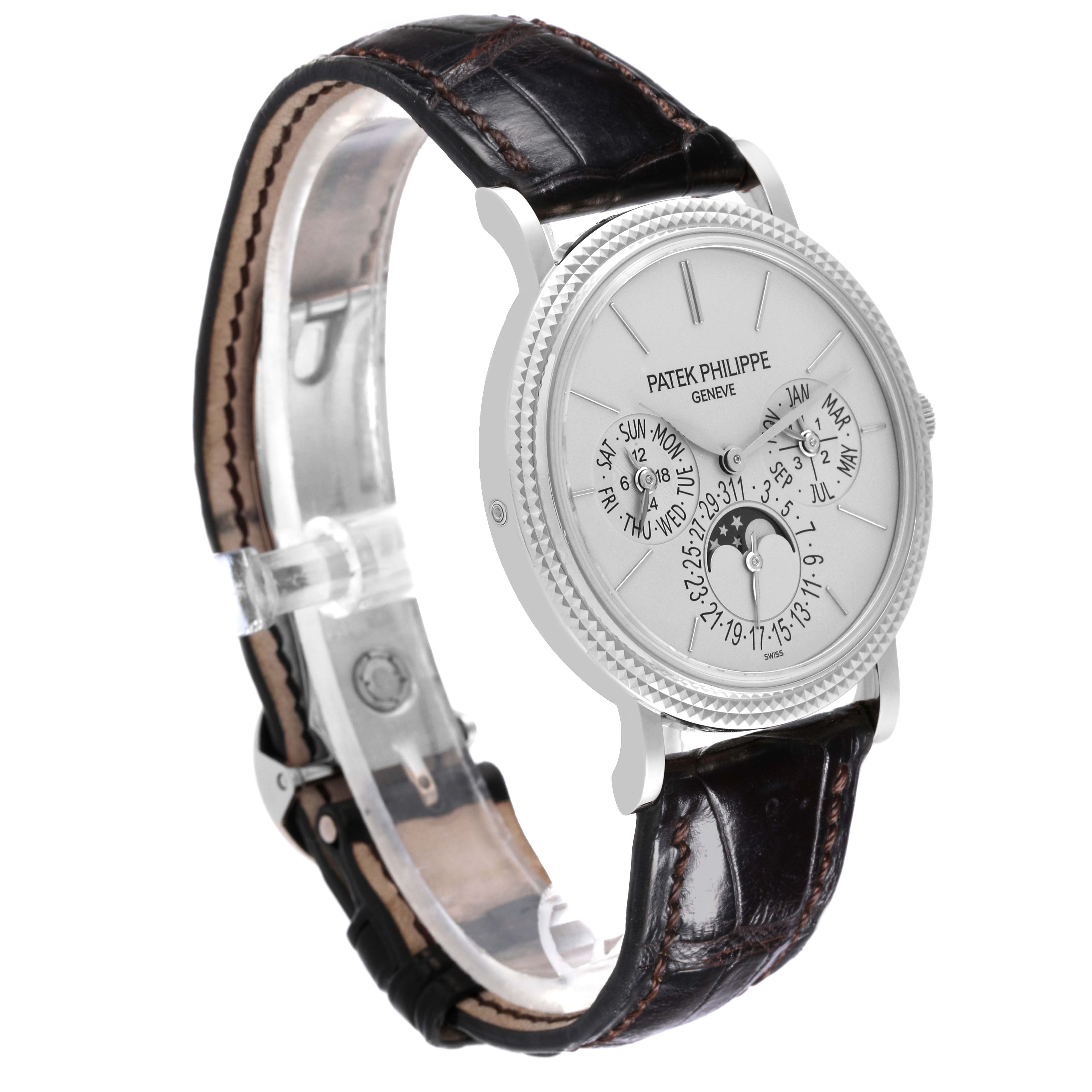 The Patek Philippe Complications 5139G-001 Men's White Gold Grey Dial 5139G-001 Men's White Gold Grey Dial watch is shown at a three-quarter angle, highlighting its face and leather strap.