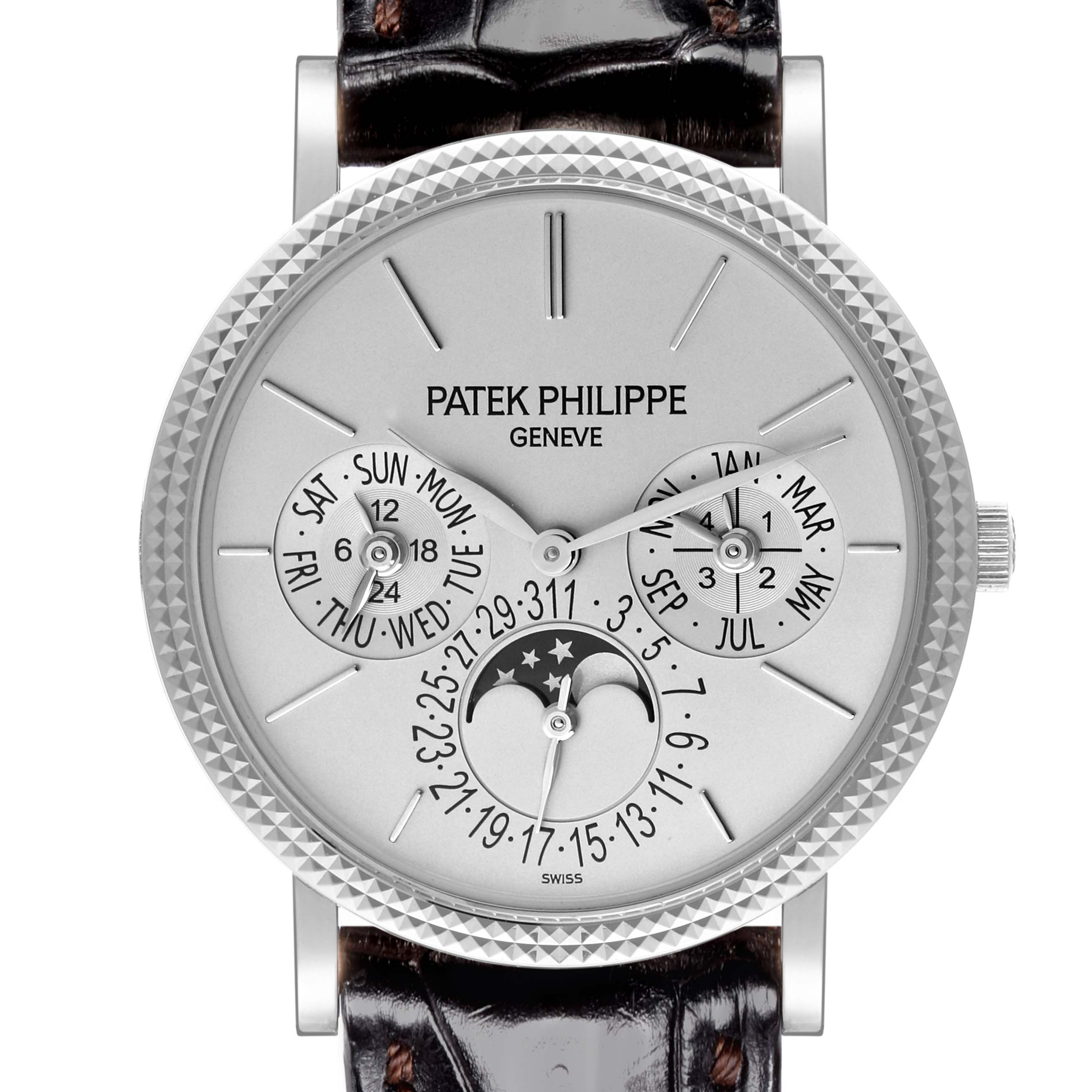 The Patek Philippe Complications 5139G-001 Men's White Gold Grey Dial 5139G-001 Men's White Gold Grey Dial watch is shown from the front, displaying its face, dials, and textured bezel.