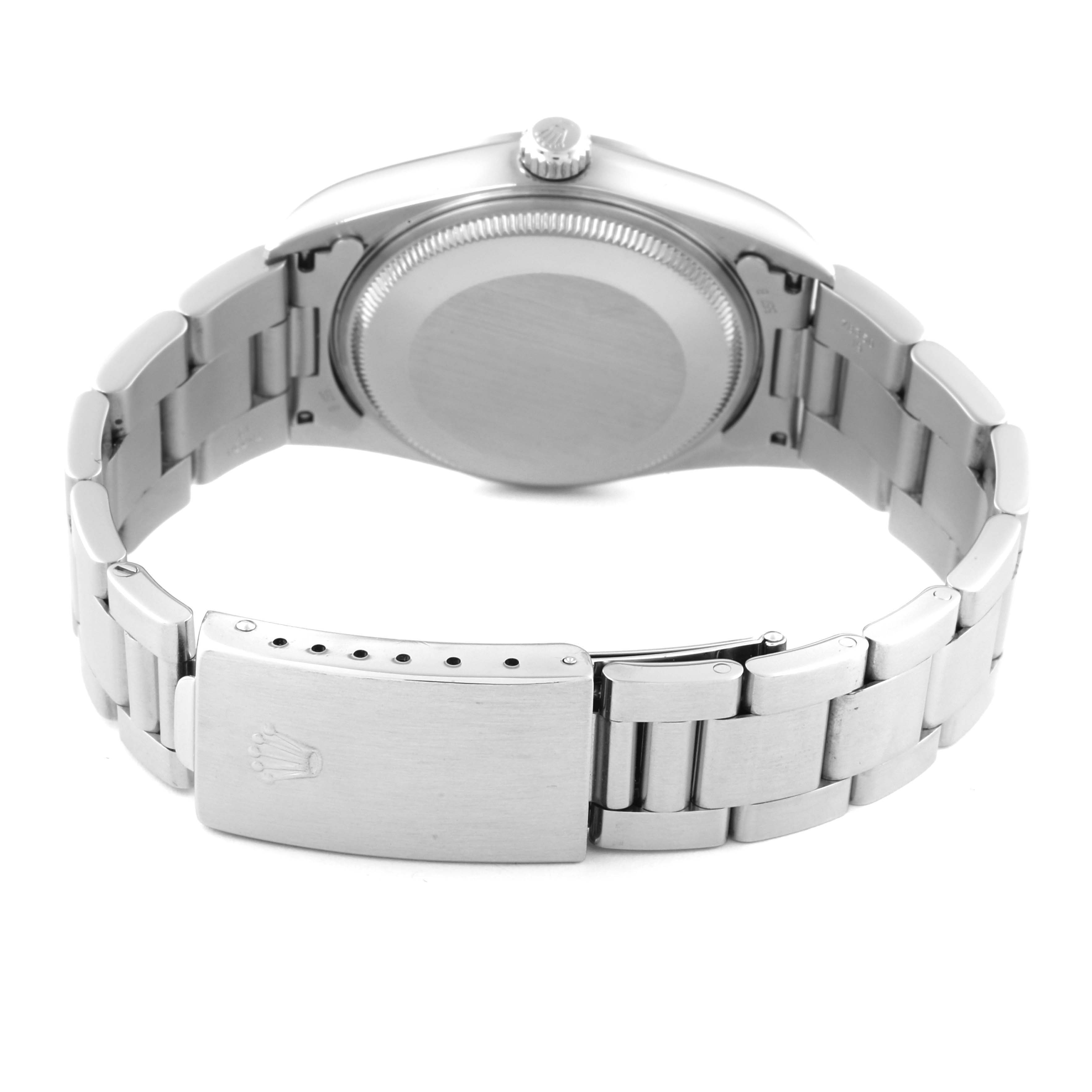 The image shows the back of the Rolex Air-King 14000 Men's Stainless Steel Blue Dial 14000 Men's Stainless Steel Blue Dial watch, focusing on its case, crown, and metal bracelet with clasp.