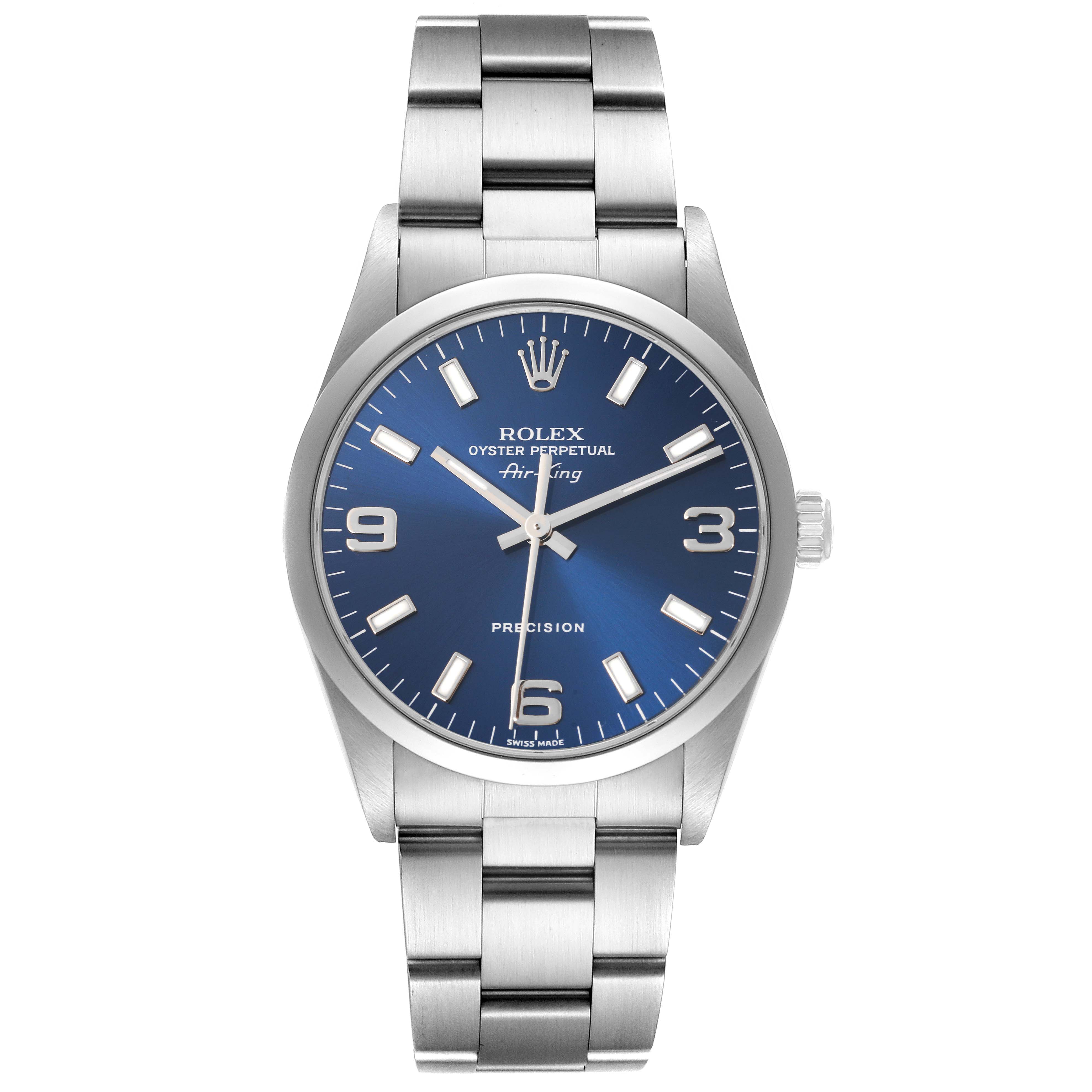 The Rolex Air-King 14000 Men's Stainless Steel Blue Dial 14000 Men's Stainless Steel Blue Dial watch is shown from the front, displaying its face, bezel, and bracelet.