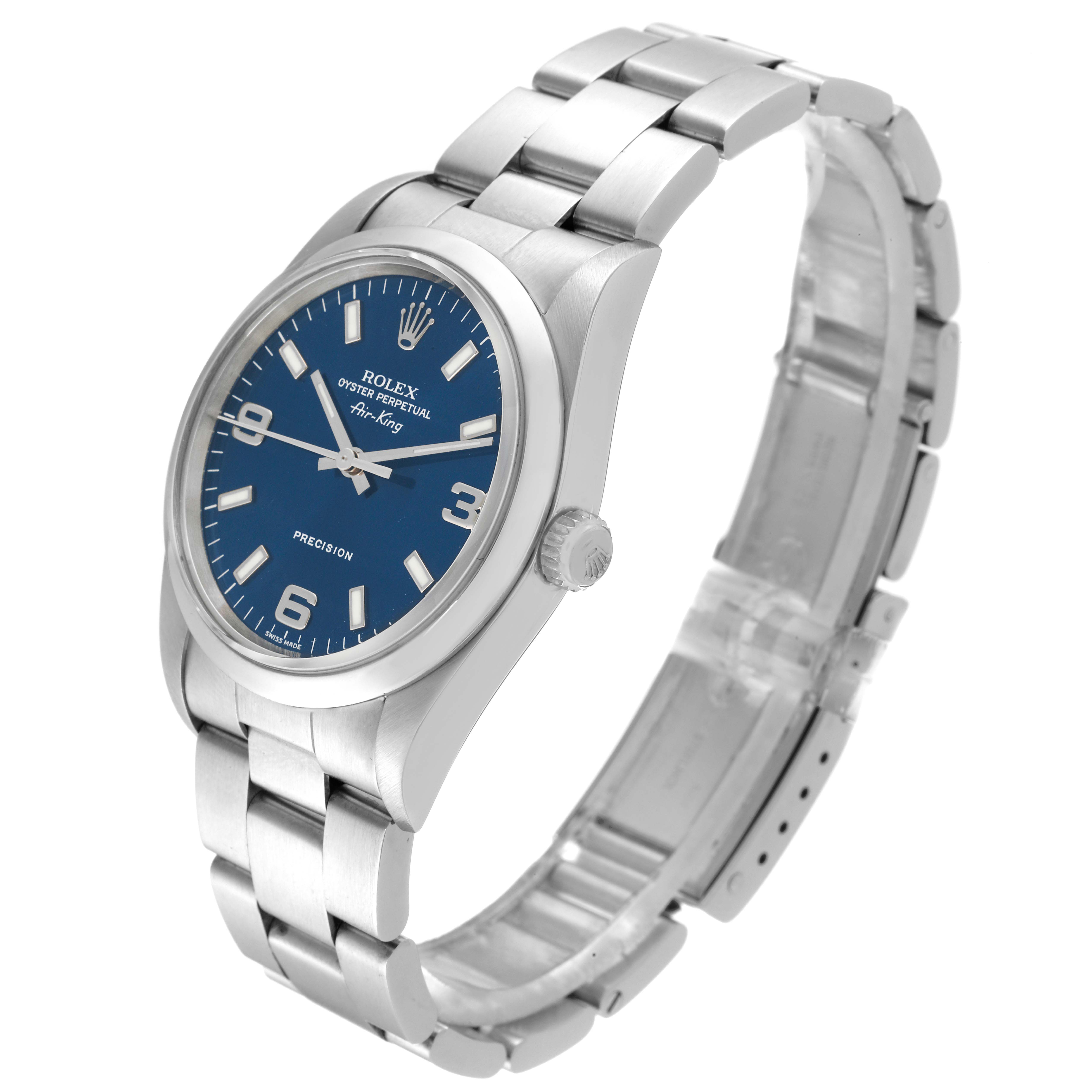 The Rolex Air-King 14000 Men's Stainless Steel Blue Dial 14000 Men's Stainless Steel Blue Dial watch is shown at a three-quarter angle, displaying the face, side, and bracelet.
