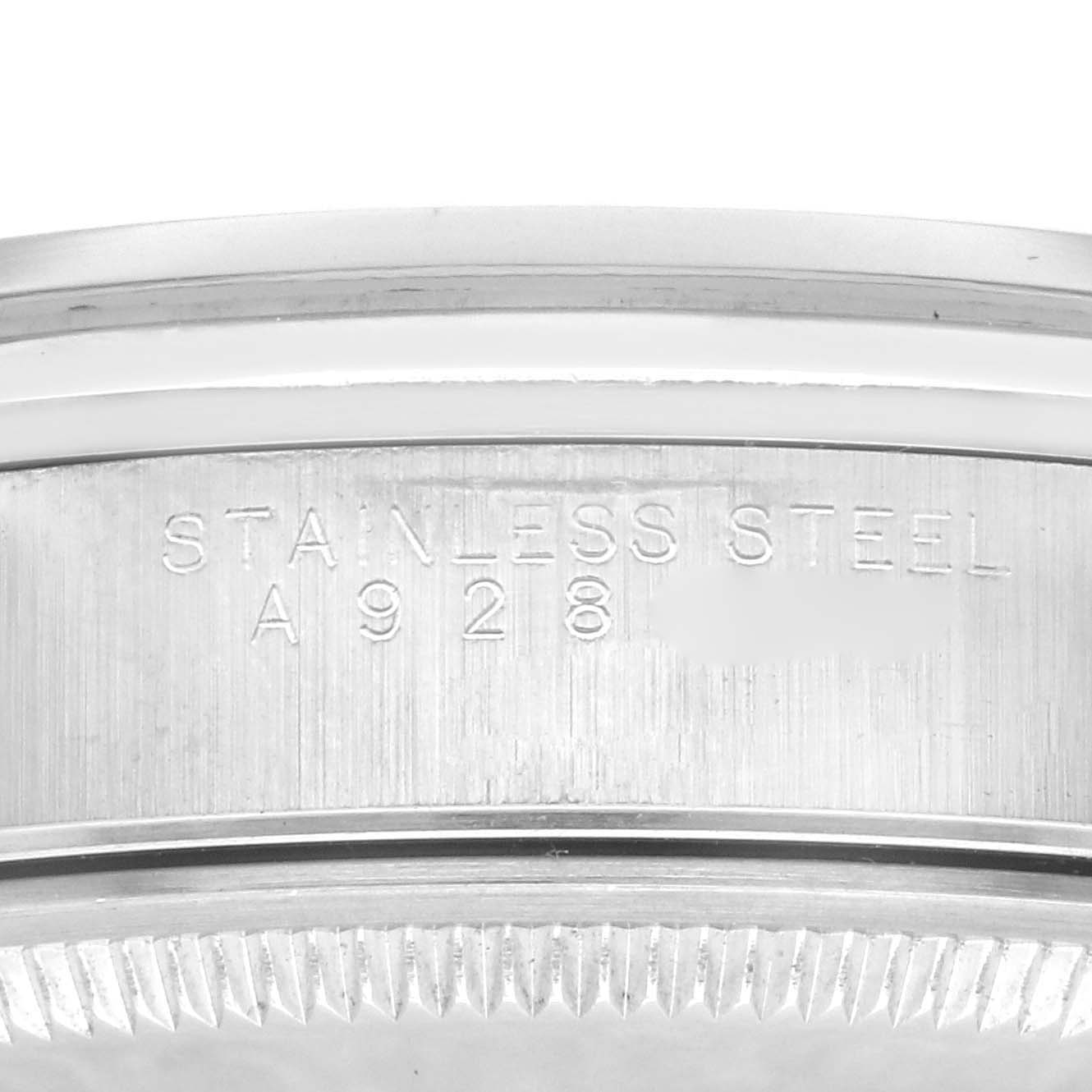 The image shows a close-up side view of the Rolex Air-King 14000 Men's Stainless Steel Blue Dial 14000 Men's Stainless Steel Blue Dial's stainless steel case edge.