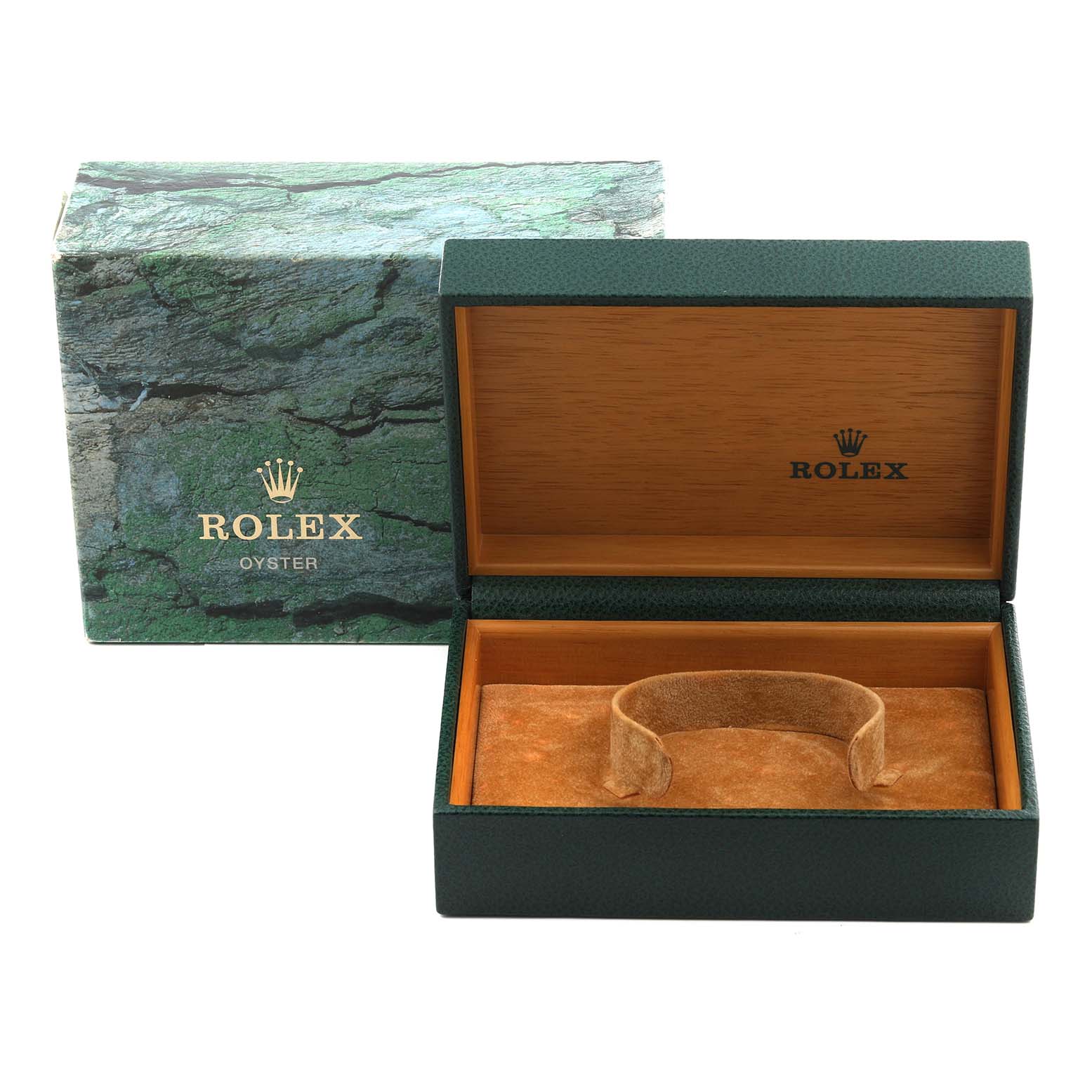The image shows a Rolex Air-King 14000 Men's Stainless Steel Blue Dial 14000 Men's Stainless Steel Blue Dial watch box and display case from an overhead angle.