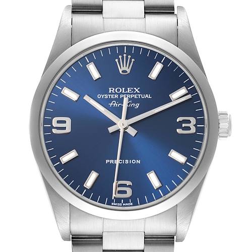 This image shows a front view of a Rolex Air-King watch, highlighting its blue dial and crown.