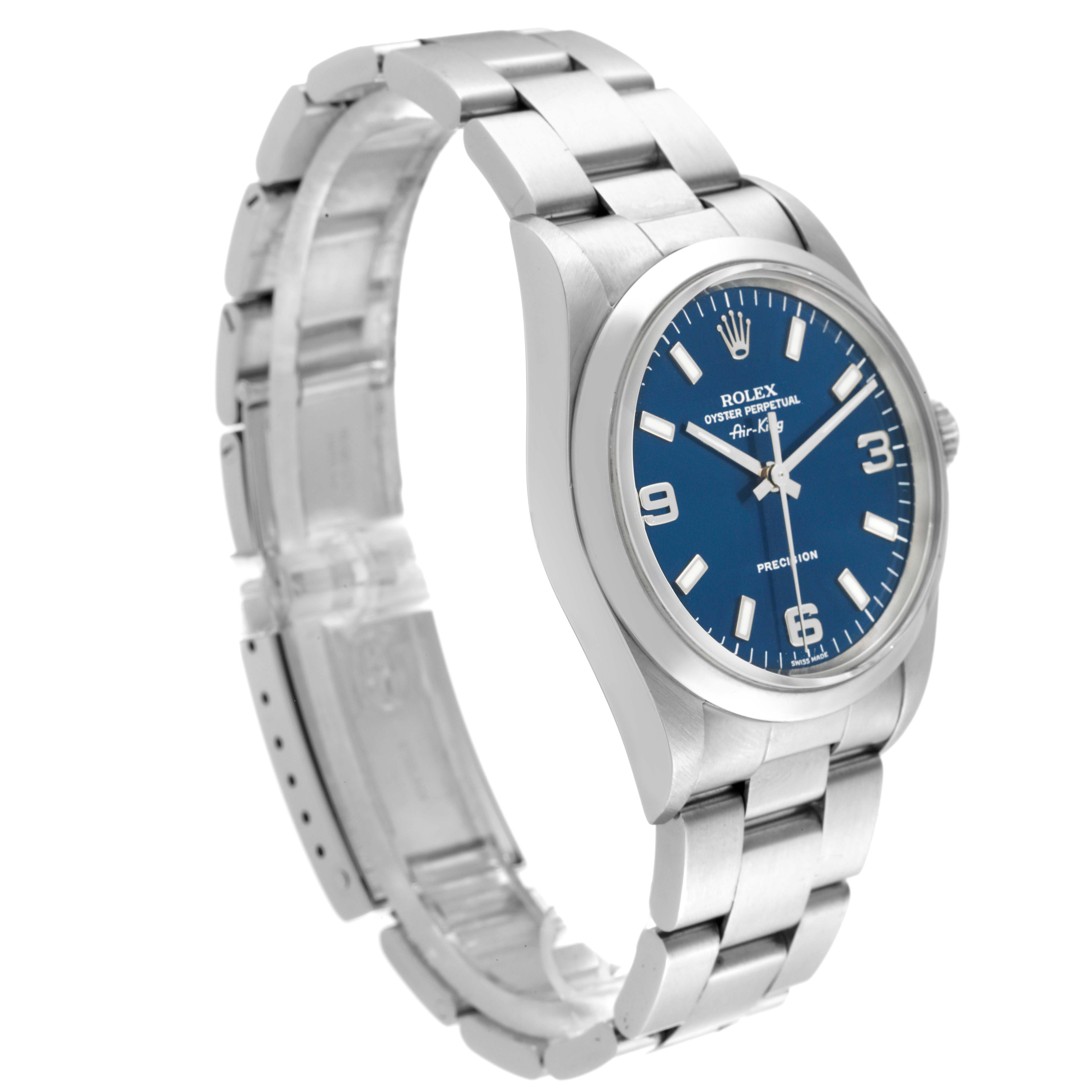 The Rolex Air-King 14000 Men's Stainless Steel Blue Dial 14000 Men's Stainless Steel Blue Dial watch is shown at a three-quarter angle, highlighting the dial, case, and bracelet.