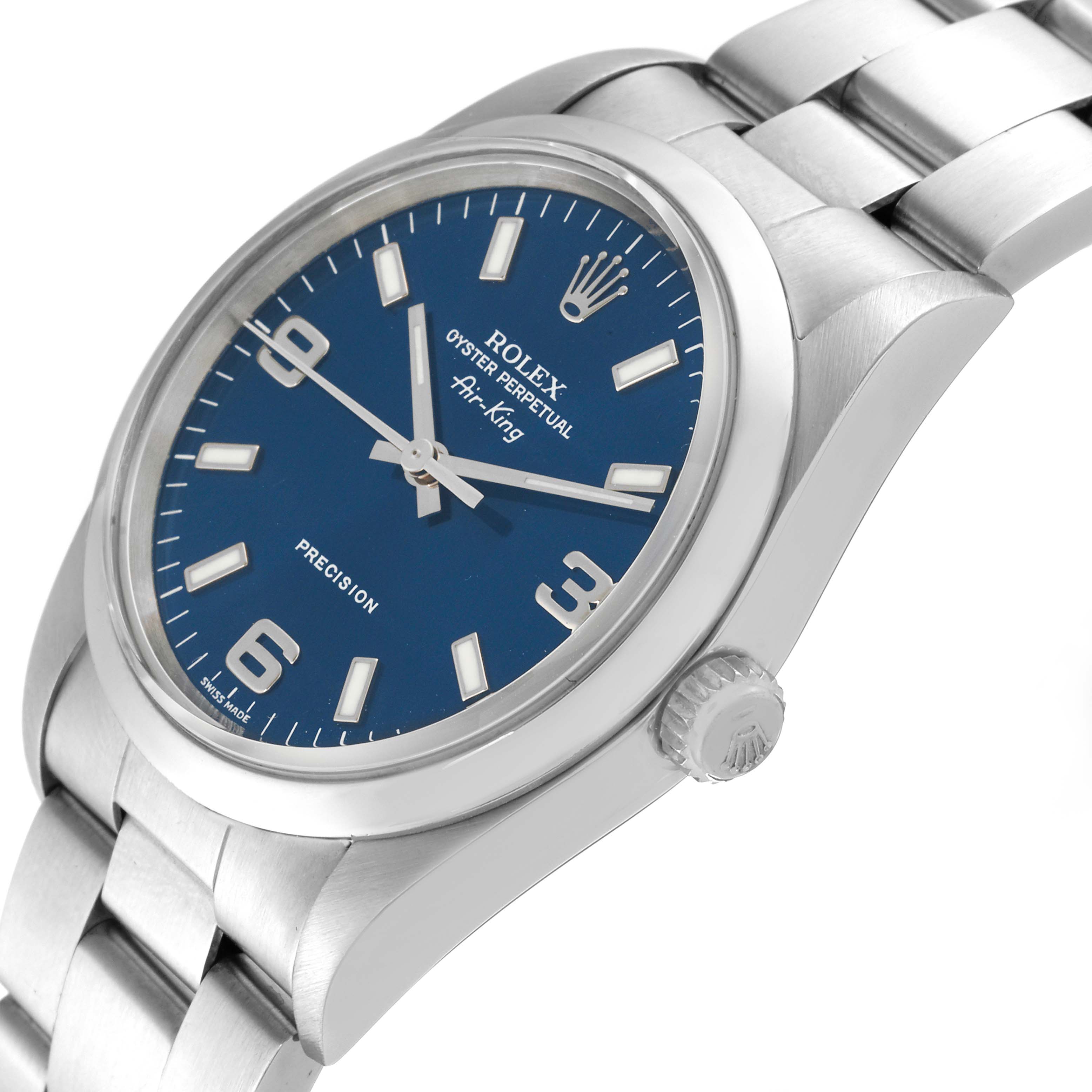 The Rolex Air-King 14000 Men's Stainless Steel Blue Dial 14000 Men's Stainless Steel Blue Dial watch is shown at a side angle, displaying the face, crown, and part of the metal bracelet.
