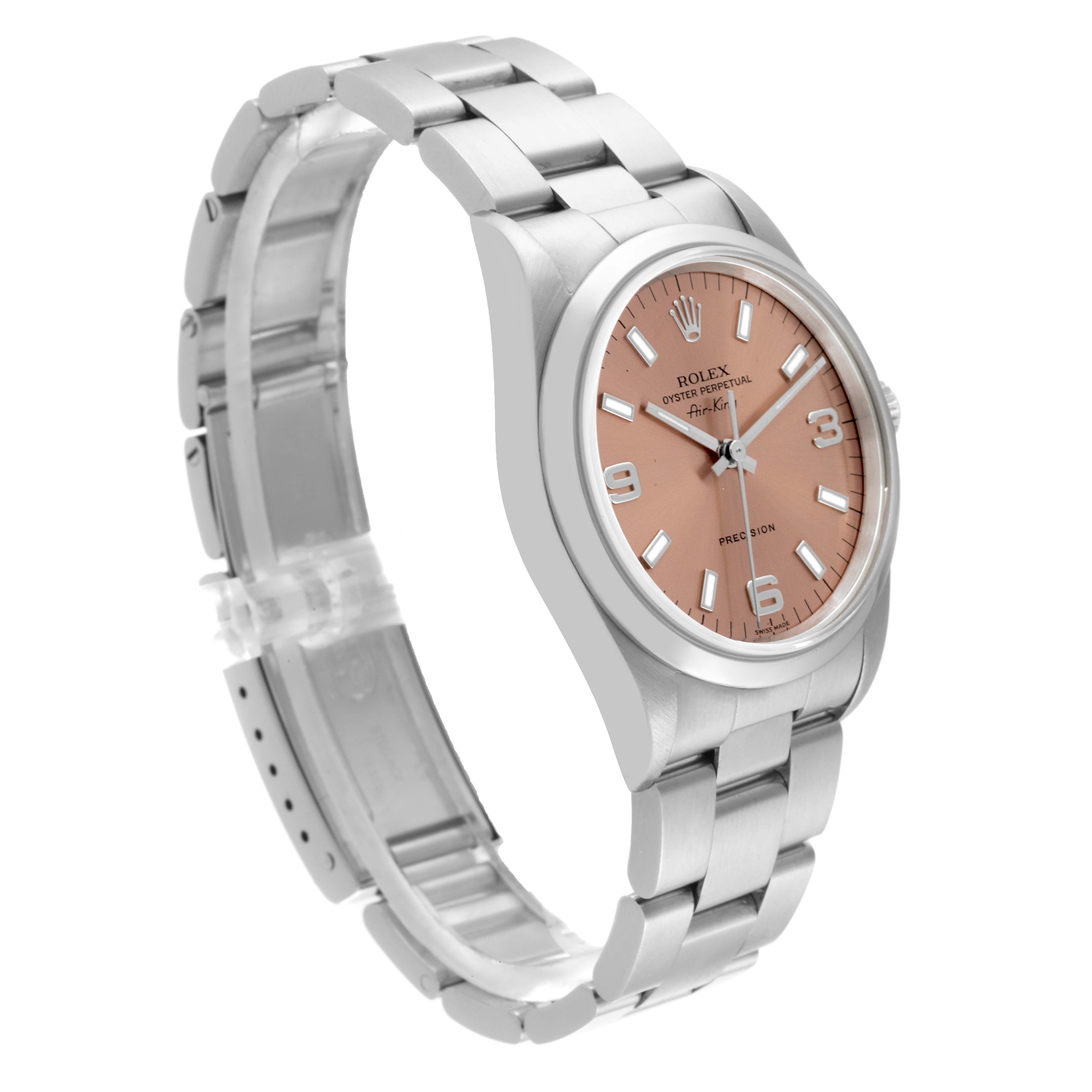 The Rolex Air-King 14000 Men's Stainless Steel Pink Dial 14000 Men's Stainless Steel Pink Dial watch is shown at a side angle, highlighting the bracelet, case, and dial.