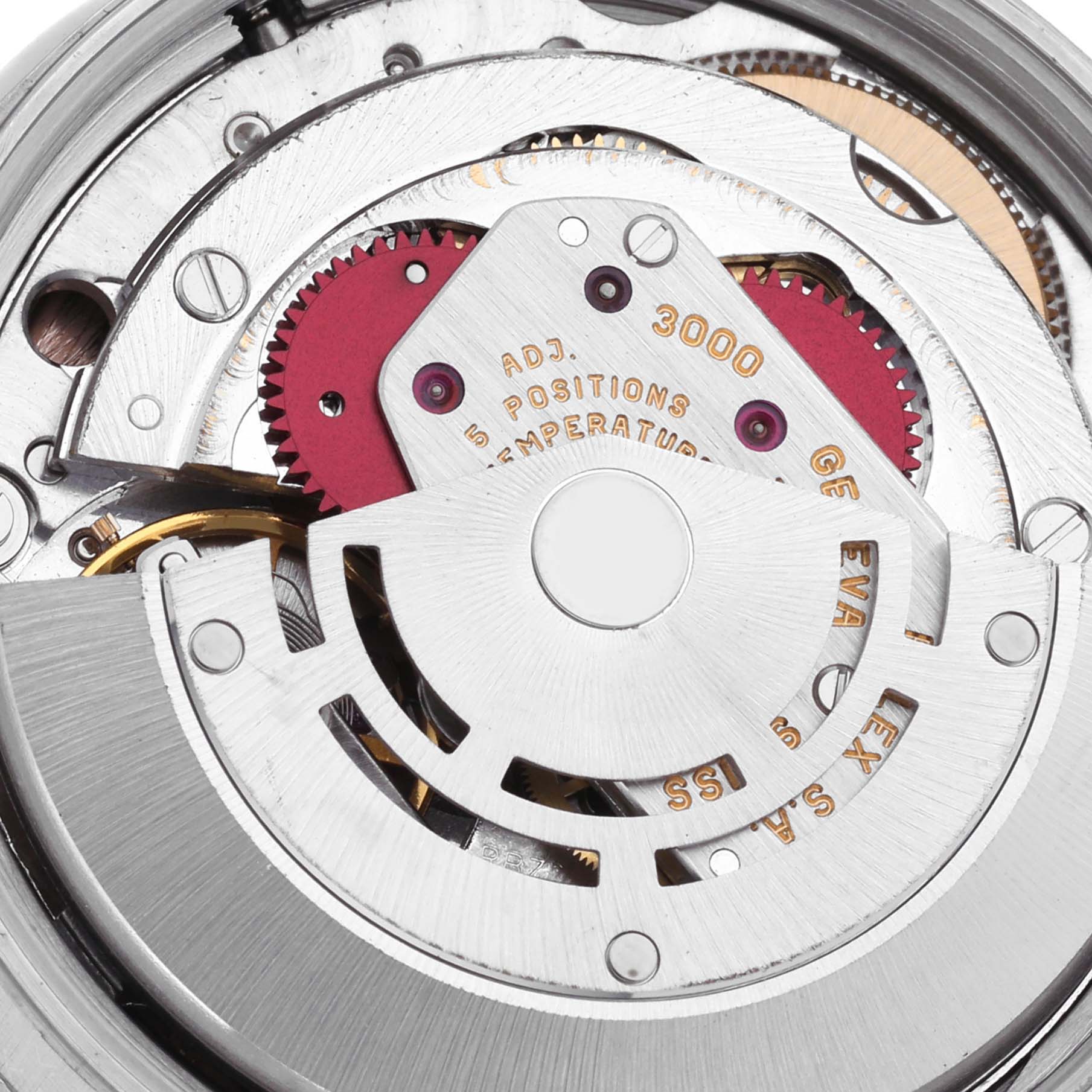 The image shows the intricate inner movement of the Rolex Air-King 14000 Men's Stainless Steel Pink Dial 14000 Men's Stainless Steel Pink Dial, focusing on gears and adjustments from a top-down angle.