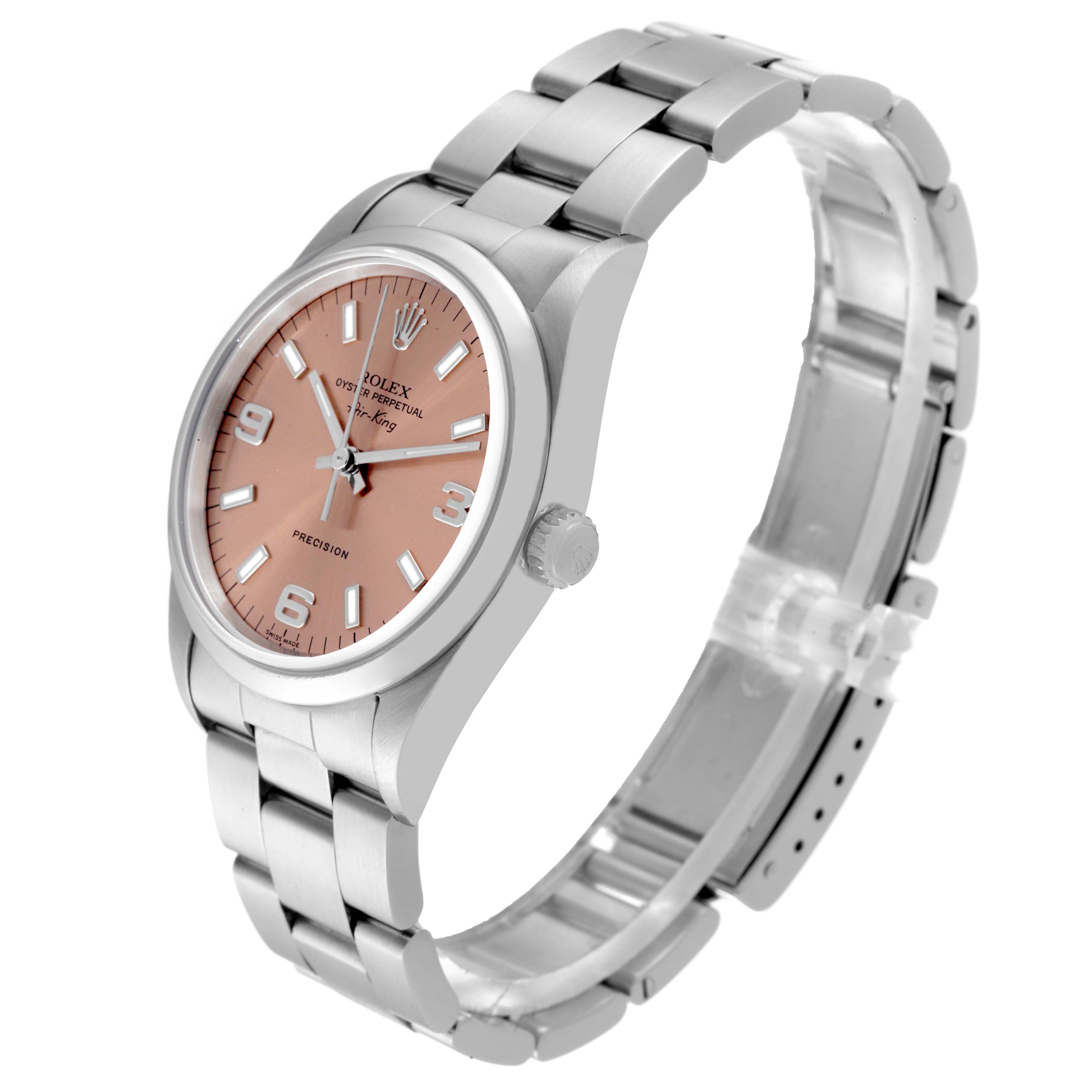 The Rolex Air-King 14000 Men's Stainless Steel Pink Dial 14000 Men's Stainless Steel Pink Dial watch is shown at an angled side view, highlighting the face, case, crown, and bracelet.