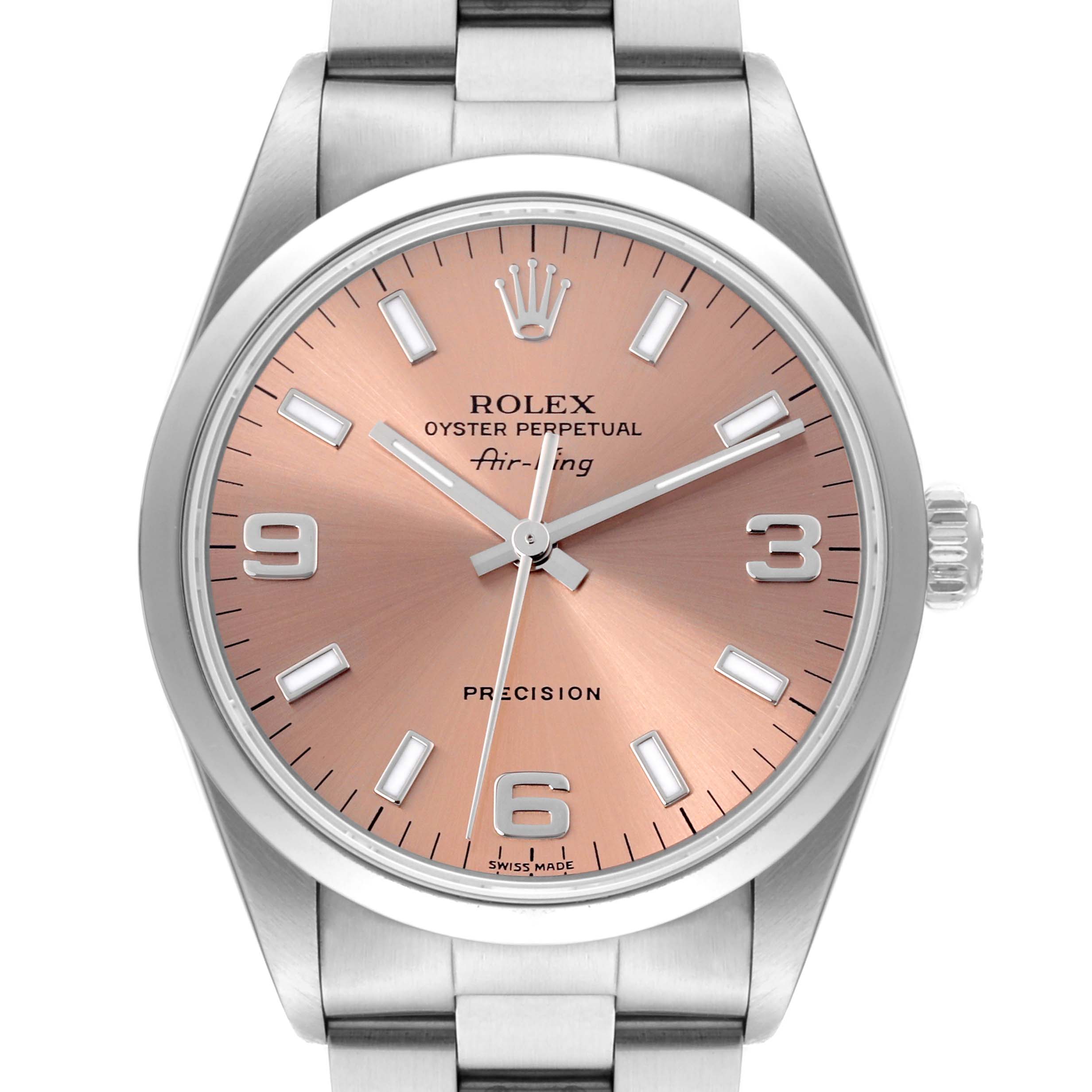 The Rolex Air-King 14000 Men's Stainless Steel Pink Dial 14000 Men's Stainless Steel Pink Dial watch is shown from the front, highlighting the dial and crown.
