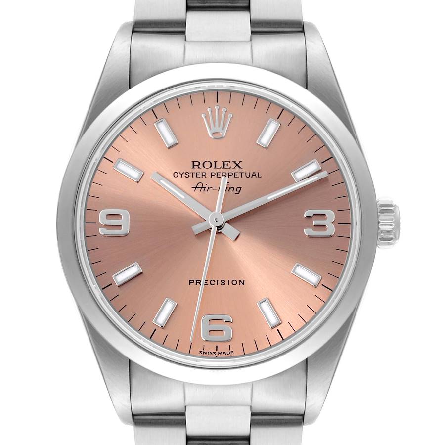 Rolex Air King Salmon Dial Smooth Bezel Steel Mens Watch 14000 SwissWatchExpo