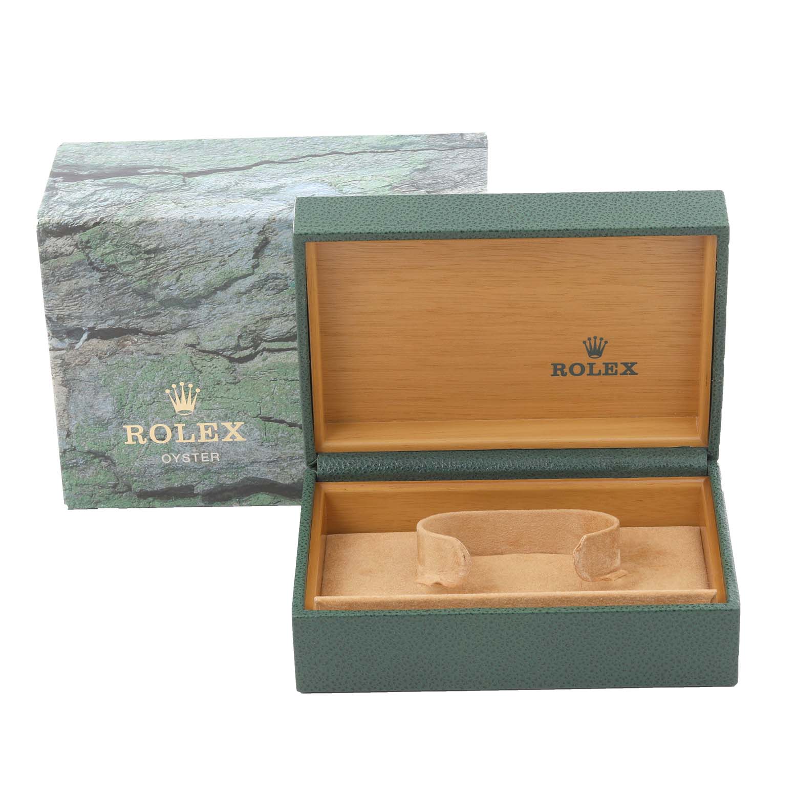 The image shows a green Rolex Air-King 14000 Men's Stainless Steel Pink Dial 14000 Men's Stainless Steel Pink Dial watch box with an open lid and a cushion inside.