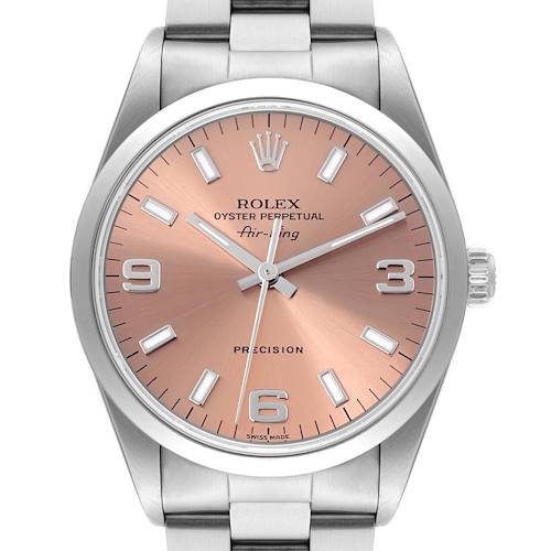 The Rolex Air-King watch is shown from the front, displaying the dial, bezel, crown, and part of the bracelet.