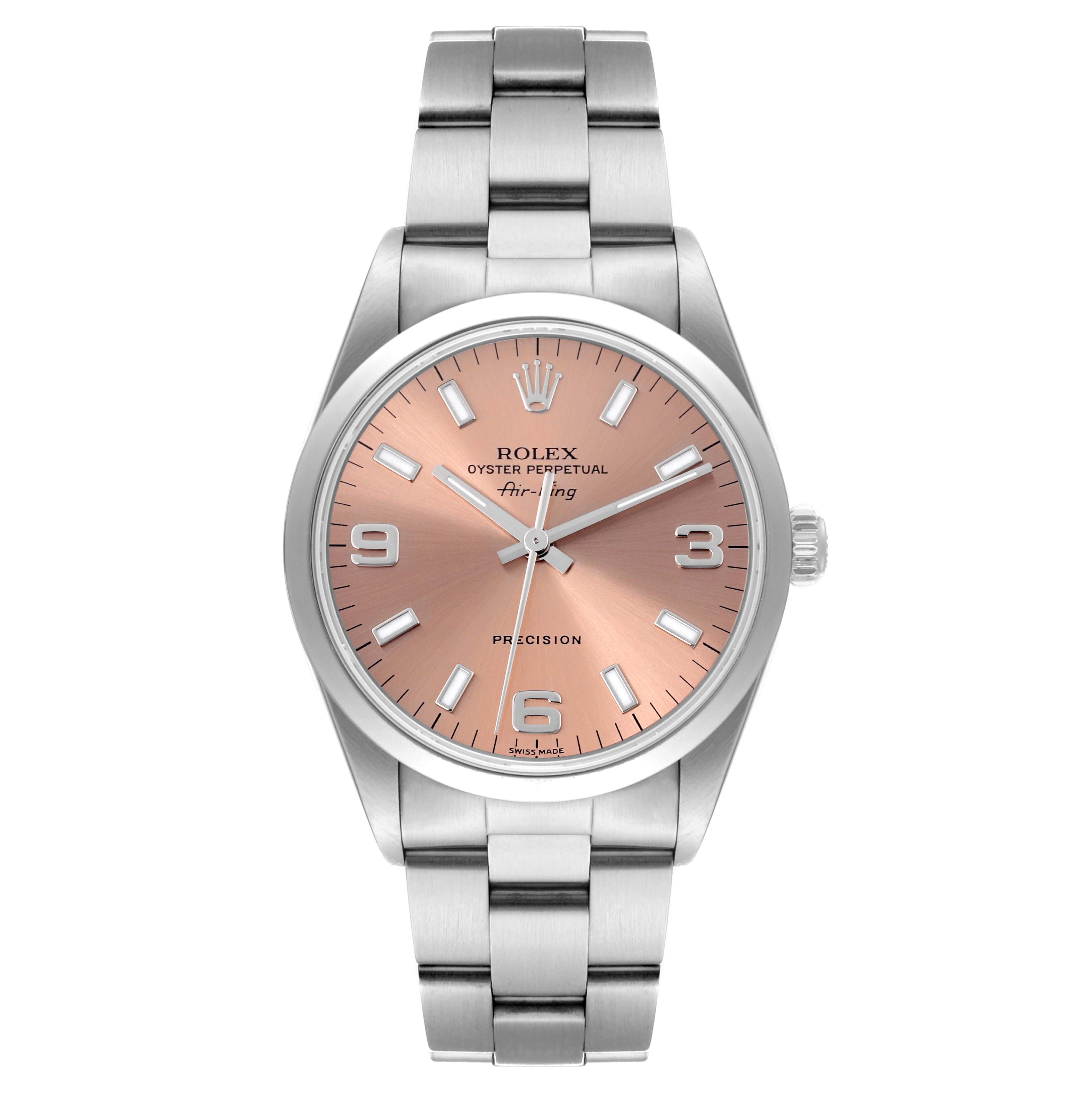 The Rolex Air-King 14000 Men's Stainless Steel Pink Dial 14000 Men's Stainless Steel Pink Dial watch is shown from the front, displaying the face, bezel, crown, and bracelet.