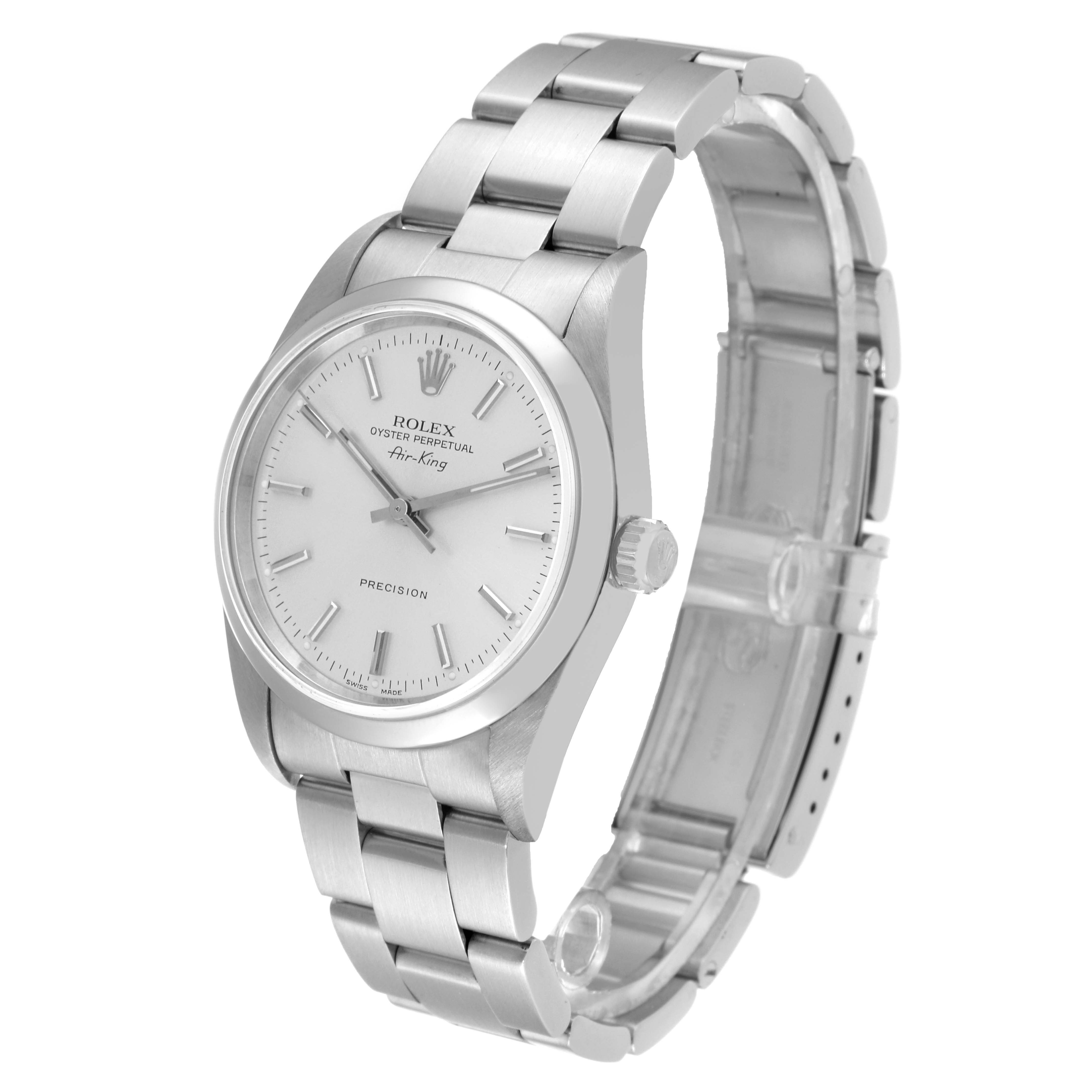 The image shows a Rolex Air-King 14000 Men's Stainless Steel Silver Dial 14000 Men's Stainless Steel Silver Dial watch from a side angle, depicting its bezel, dial, crown, and bracelet.