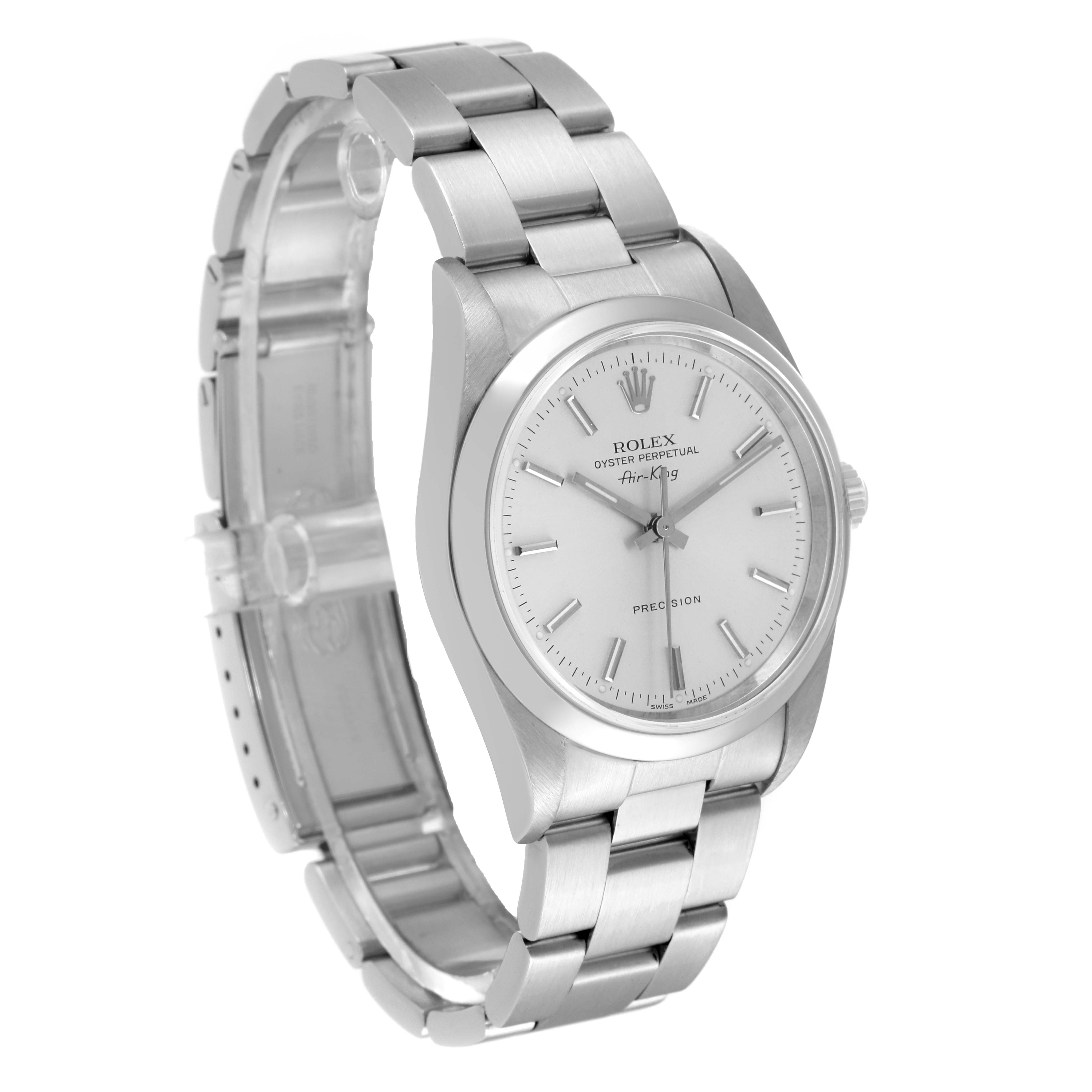 This image shows a Rolex Air-King 14000 Men's Stainless Steel Silver Dial 14000 Men's Stainless Steel Silver Dial watch at a three-quarter angle, highlighting the dial, bracelet, and case.