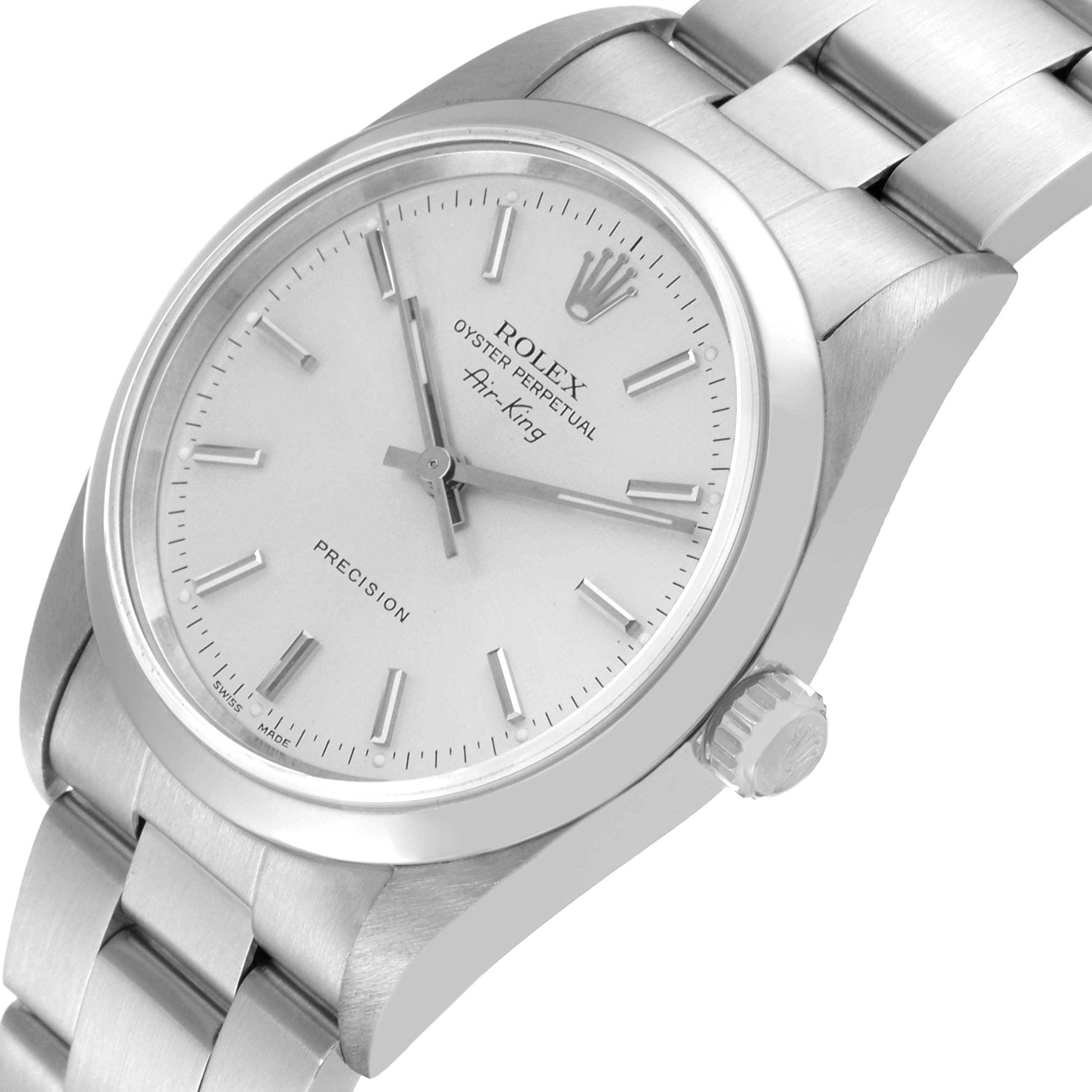 The image shows an angled view of the Rolex Air-King 14000 Men's Stainless Steel Silver Dial 14000 Men's Stainless Steel Silver Dial watch, highlighting its face, bezel, crown, and part of the bracelet.