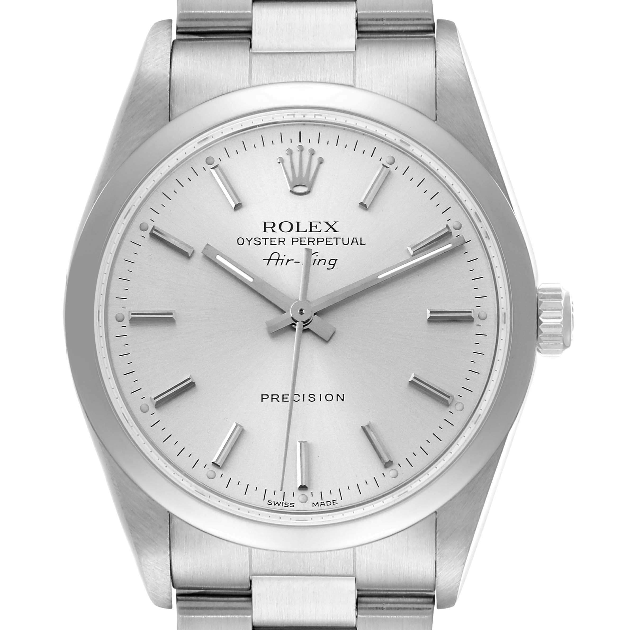 This is a front view of a Rolex Air-King 14000 Men's Stainless Steel Silver Dial 14000 Men's Stainless Steel Silver Dial watch, showcasing its face, hands, crown, and part of the bracelet.