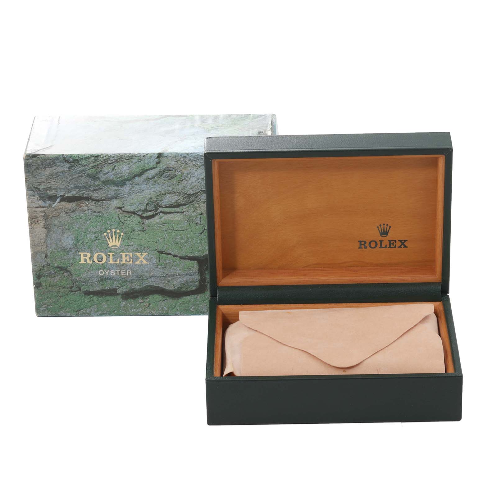The image shows a Rolex Air-King 14000 Men's Stainless Steel Silver Dial 14000 Men's Stainless Steel Silver Dial model watch box and packaging, including the outer box and inner wooden box with a protective pouch.