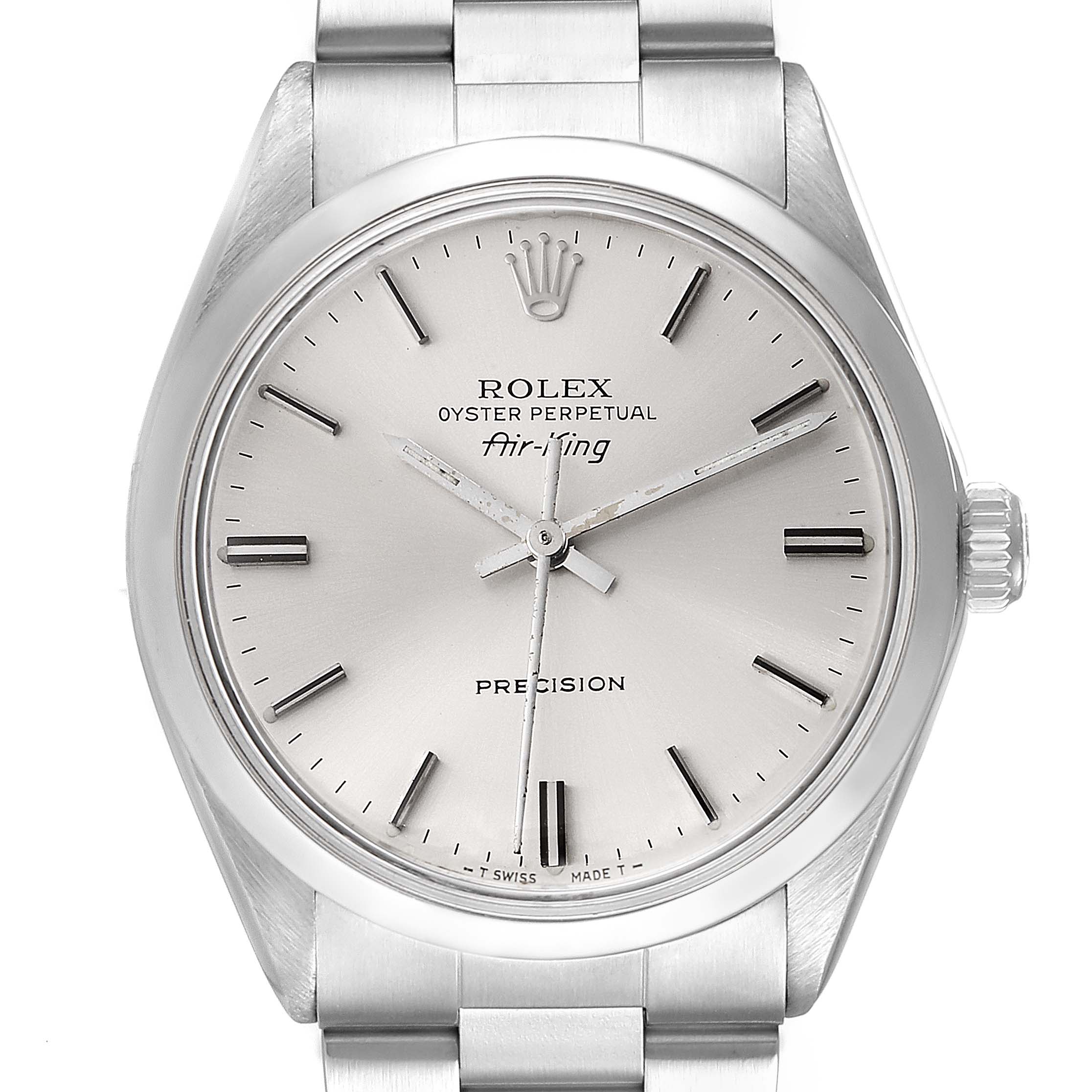 This image shows a frontal view of the Rolex Vintage Collection 5500 Men's Stainless Steel Silver Dial 5500 Men's Stainless Steel Silver Dial Oyster Perpetual Air-King watch, highlighting the dial and bracelet.