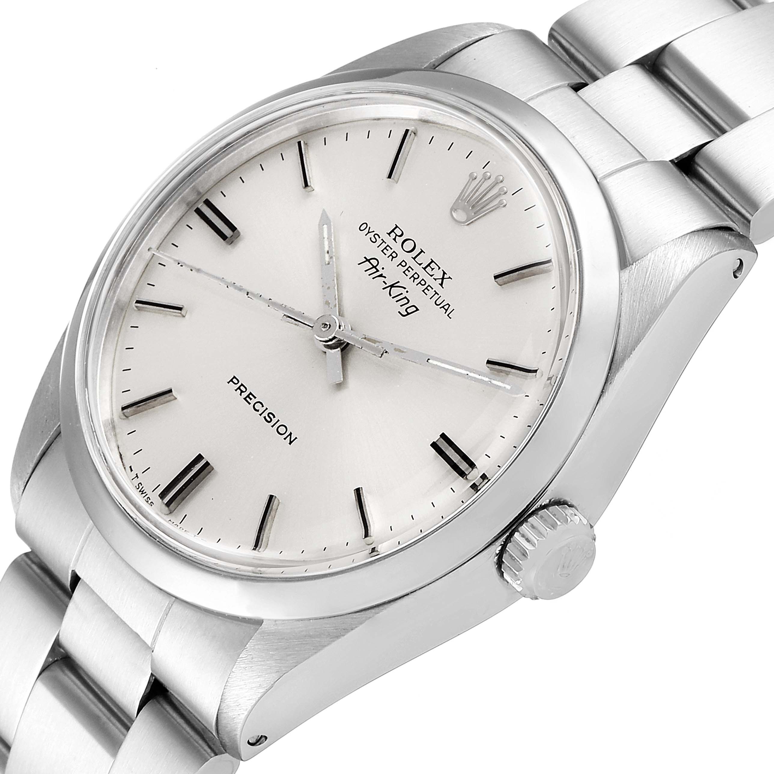 The Rolex Vintage Collection 5500 Men's Stainless Steel Silver Dial 5500 Men's Stainless Steel Silver Dial watch is shown at an angled close-up, focusing on its face, crown, and part of the bracelet.