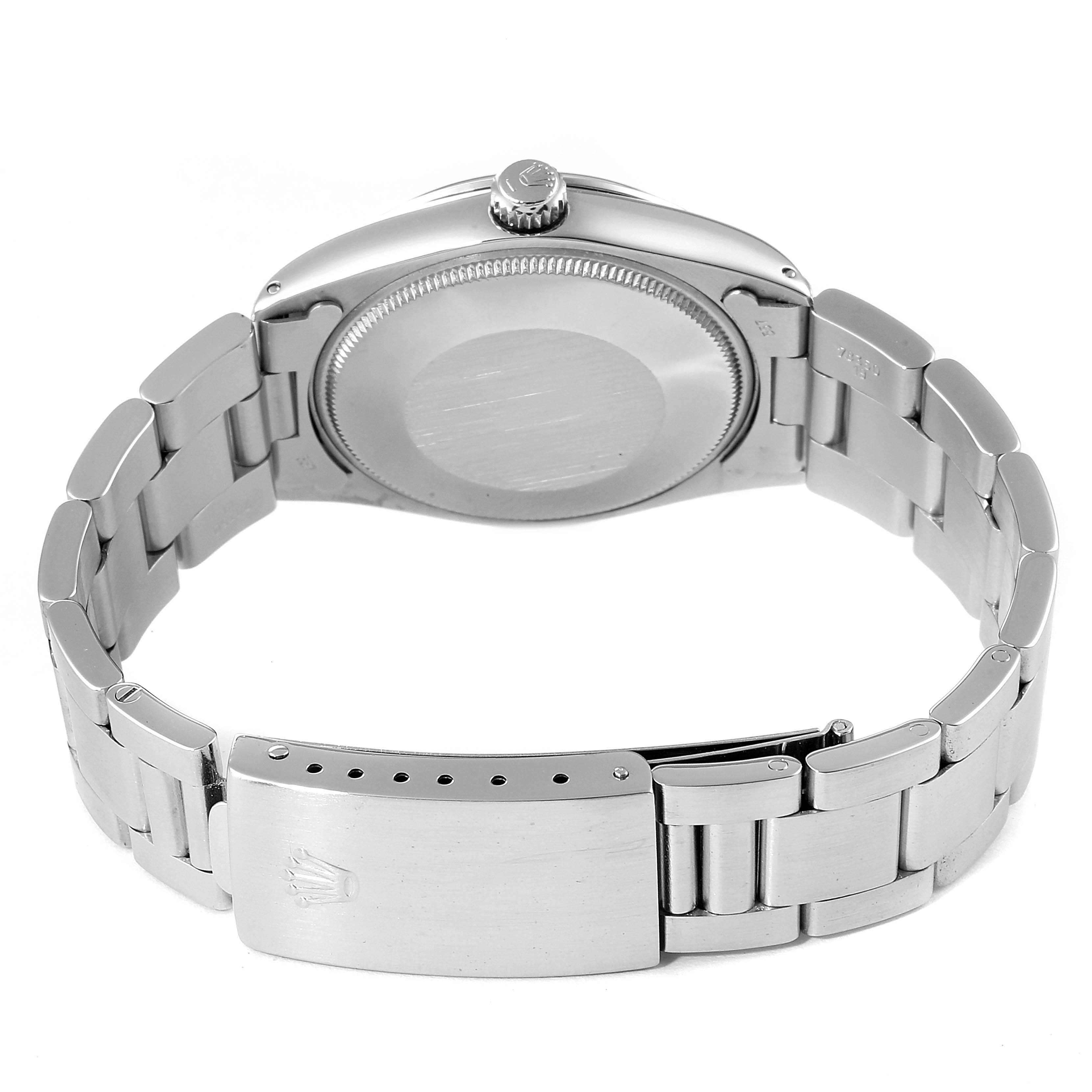 The image shows the Rolex Vintage Collection 5500 Men's Stainless Steel Silver Dial 5500 Men's Stainless Steel Silver Dial model from the back, highlighting the case, crown, and bracelet.