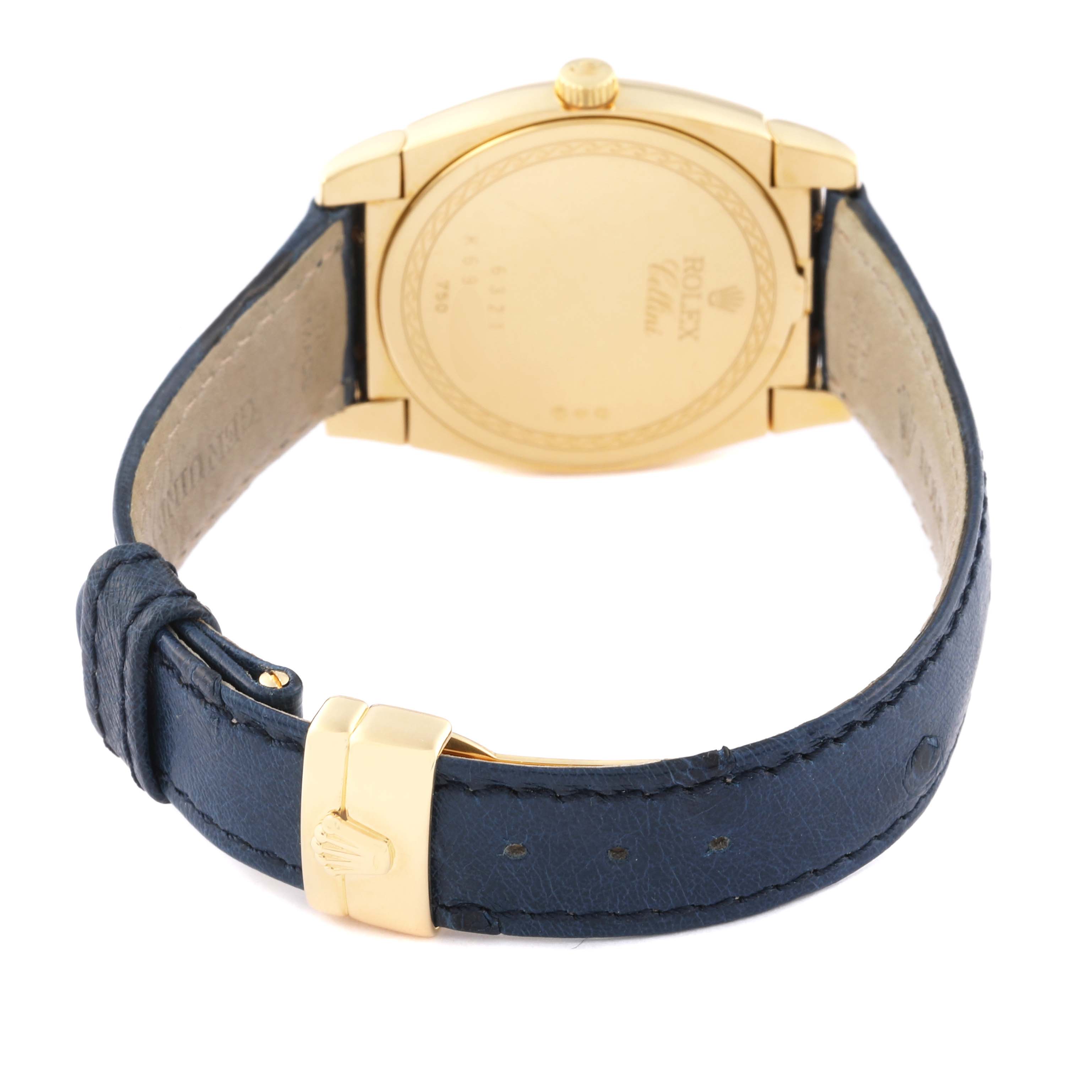 The Rolex Cellini 6321 Women's Yellow Gold Mother of Pearl Dial 6321 Women's Yellow Gold Mother of Pearl Dial watch is shown from the back, highlighting its gold case and blue leather strap with a gold clasp.