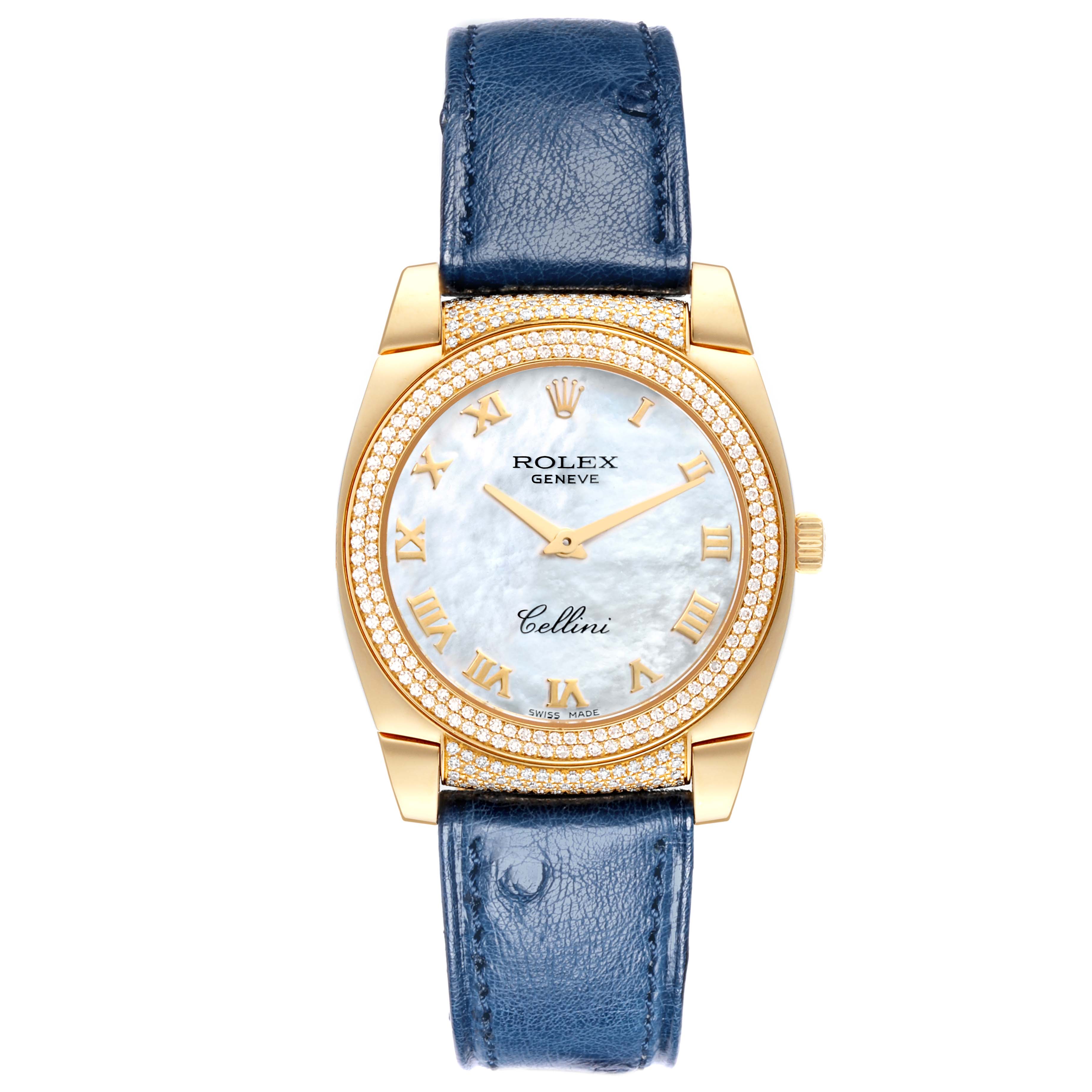 The Rolex Cellini 6321 Women's Yellow Gold Mother of Pearl Dial 6321 Women's Yellow Gold Mother of Pearl Dial watch is shown from the front, displaying its face, bezel, case, lugs, strap, and crown.