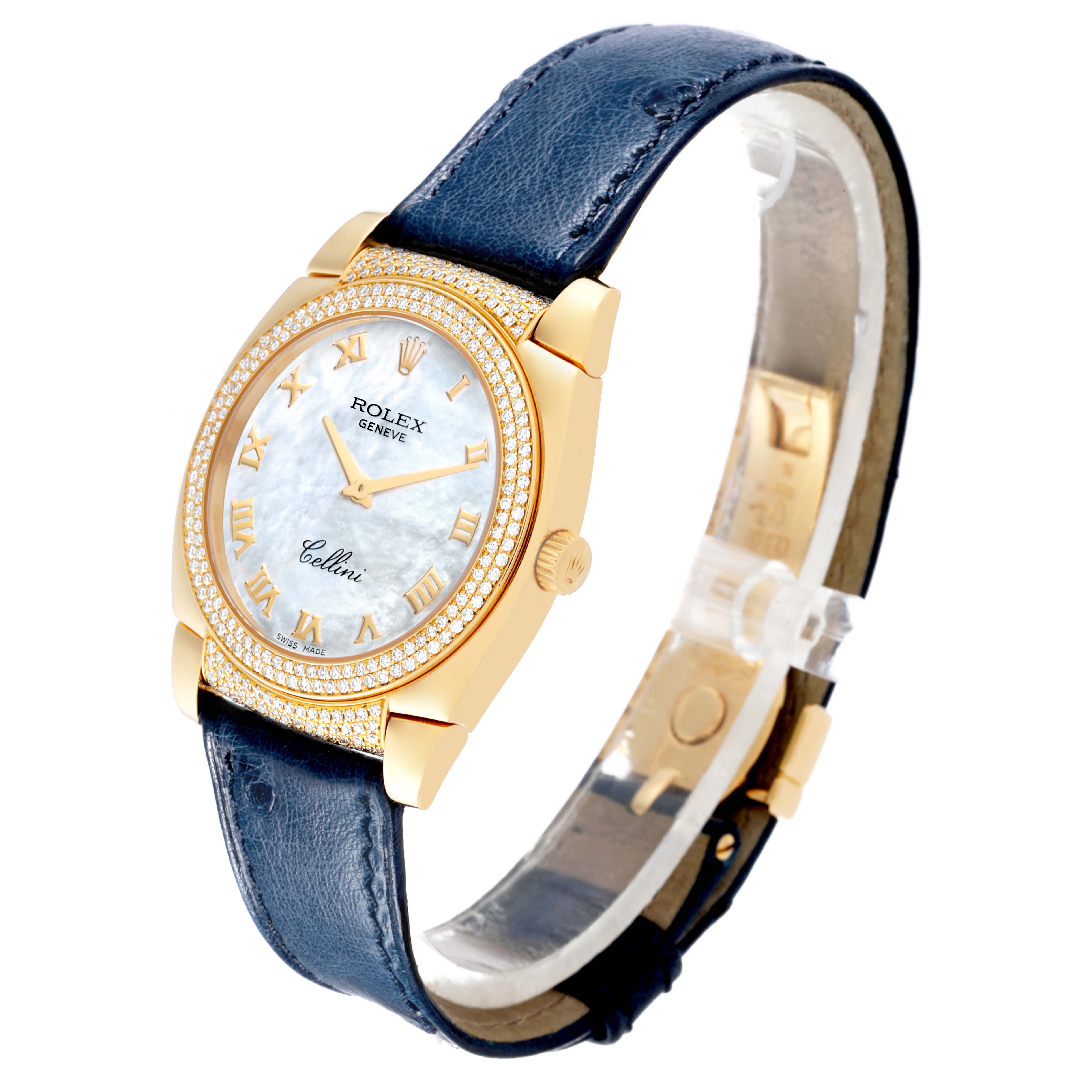 The Rolex Cellini 6321 Women's Yellow Gold Mother of Pearl Dial 6321 Women's Yellow Gold Mother of Pearl Dial watch is shown at an angle showcasing the face, bezel, crown, and leather strap.