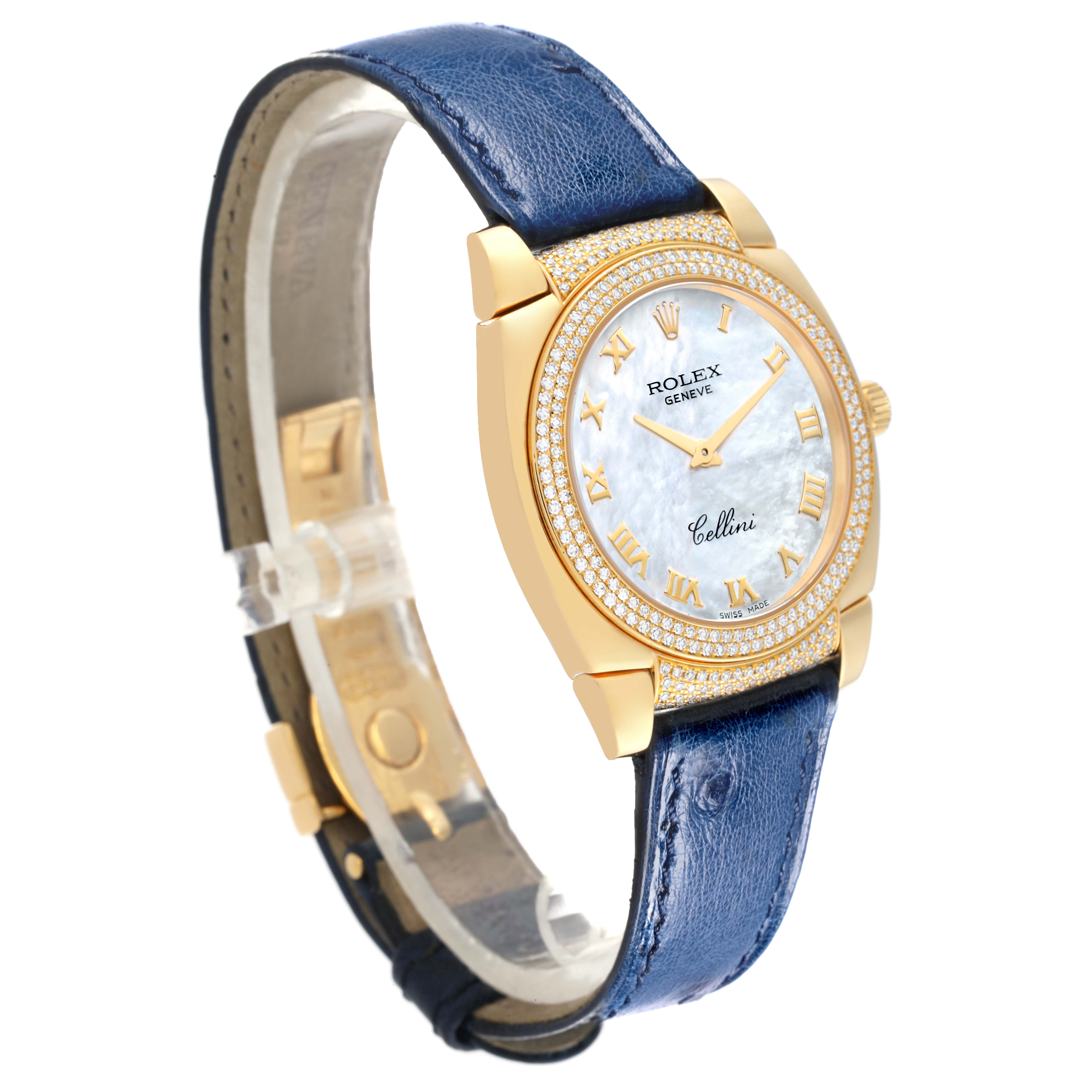 The Rolex Cellini 6321 Women's Yellow Gold Mother of Pearl Dial 6321 Women's Yellow Gold Mother of Pearl Dial watch is shown at a side angle, highlighting its face, bezel, crown, and blue leather strap.