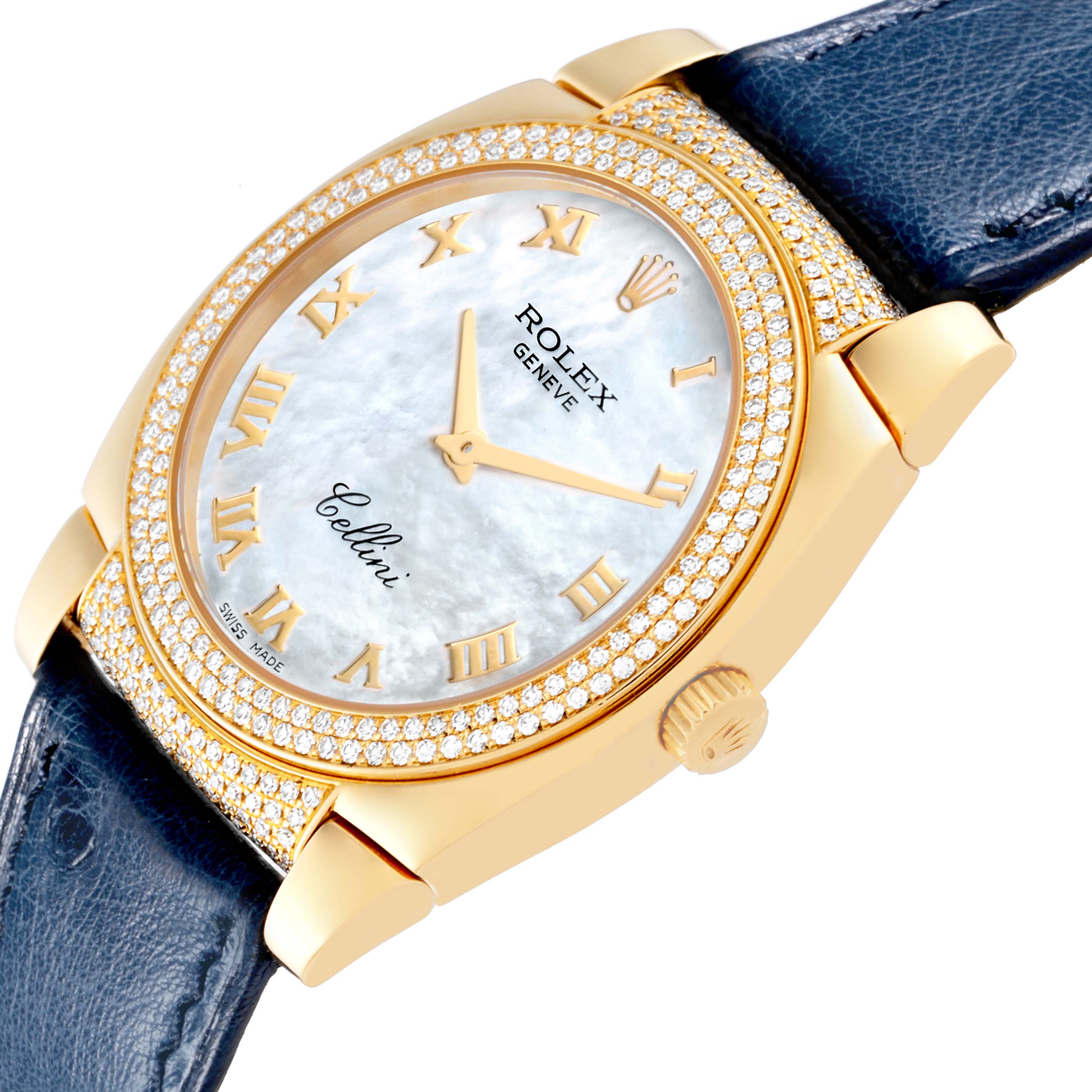 The image shows a Rolex Cellini 6321 Women's Yellow Gold Mother of Pearl Dial 6321 Women's Yellow Gold Mother of Pearl Dial watch at a slight angle, highlighting the dial, bezel, case, and leather strap.