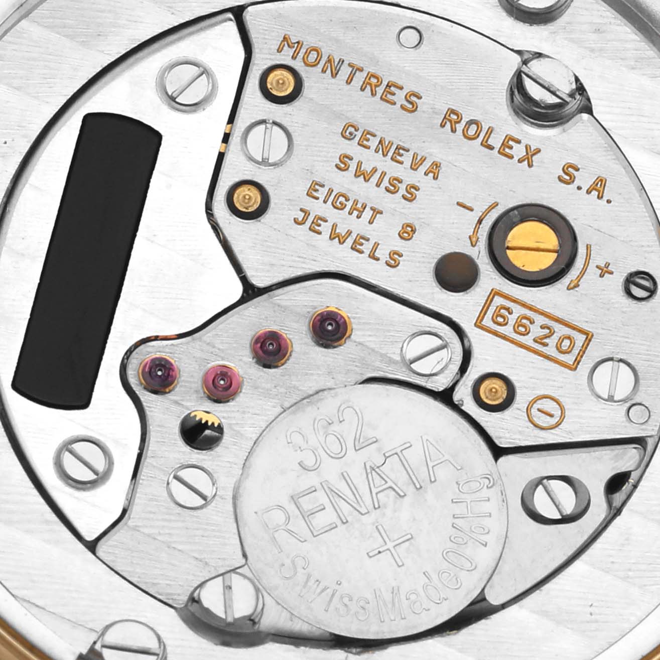 The image shows the internal mechanism of a Rolex Cellini 6321 Women's Yellow Gold Mother of Pearl Dial 6321 Women's Yellow Gold Mother of Pearl Dial watch, highlighting the movement and jewel details.