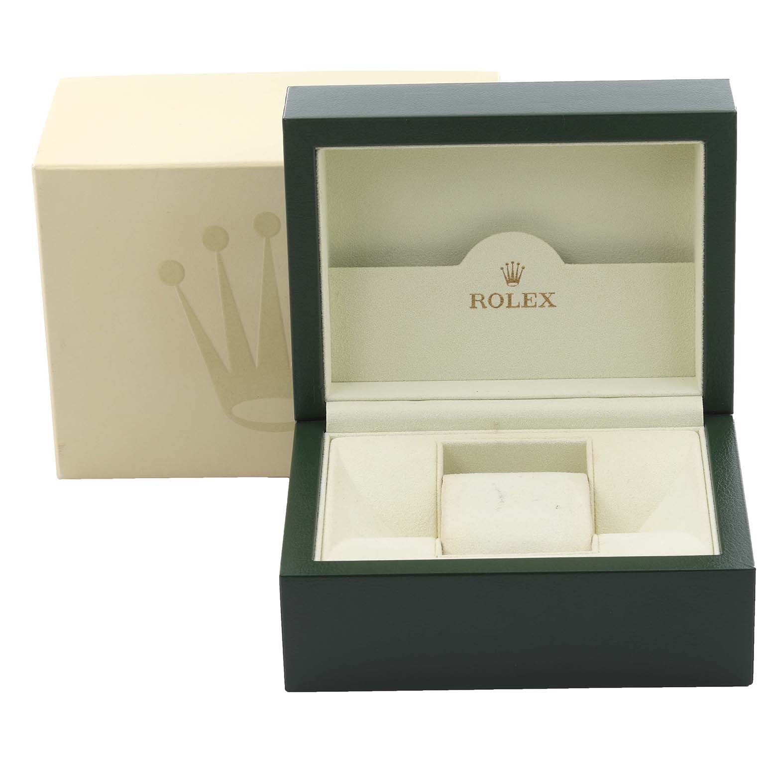 The image shows an open green Rolex Cellini 6321 Women's Yellow Gold Mother of Pearl Dial 6321 Women's Yellow Gold Mother of Pearl Dial watch box with a cushion, alongside its outer packaging.