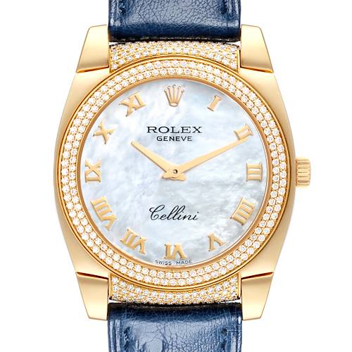 The image shows a front view of a Rolex Cellini watch, highlighting its dial, gold bezel, and leather strap.