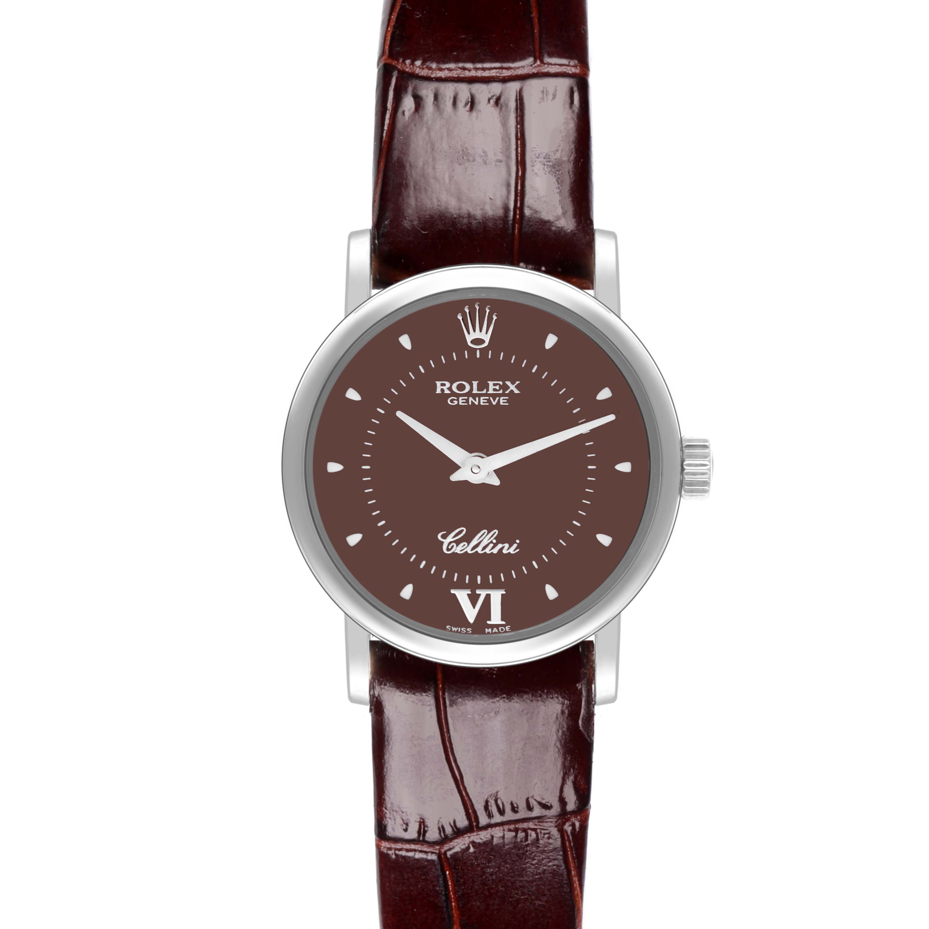 The Rolex Cellini 6110 Women's White Gold Brown Dial 6110 Women's White Gold Brown Dial watch is shown from a front angle, displaying the entire face and brown leather strap.