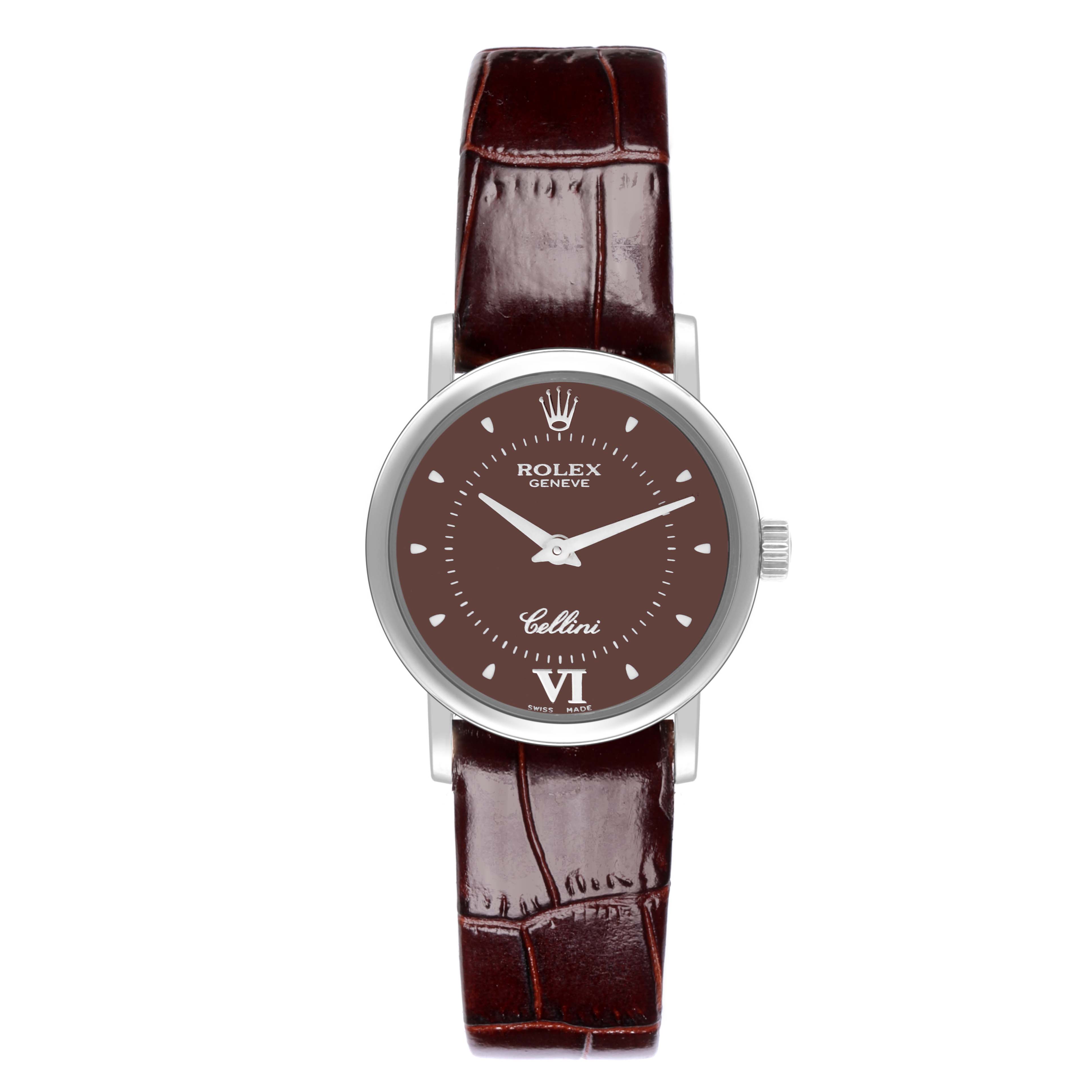 The Rolex Cellini 6110 Women's White Gold Brown Dial 6110 Women's White Gold Brown Dial watch is shown from a front angle, displaying its dial, hands, case, and leather strap.