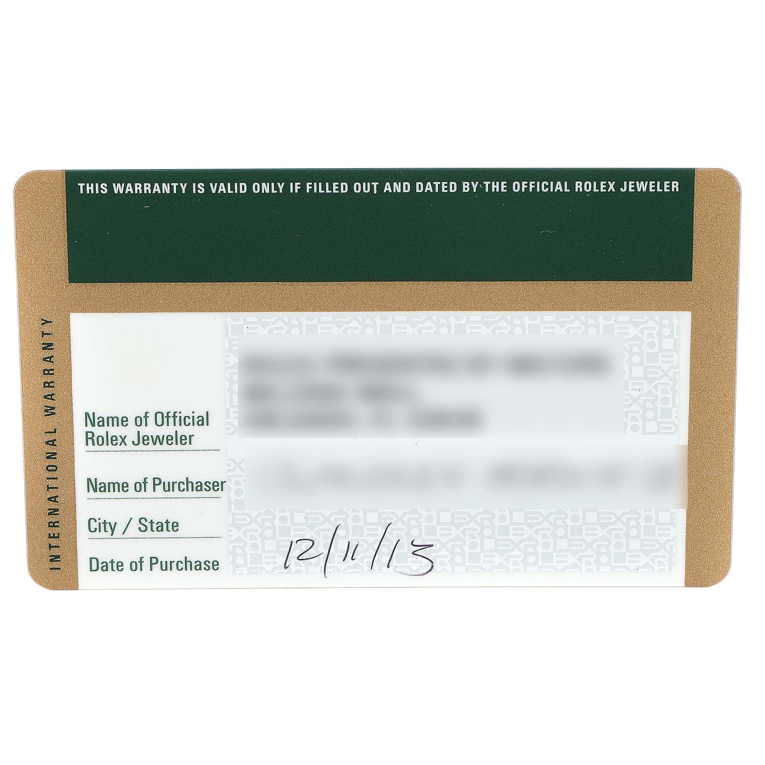 An international warranty card for the Rolex Cellini 5115 Men's Yellow Gold Silver Dial 5115 Men's Yellow Gold Silver Dial model is shown from a top-down angle.