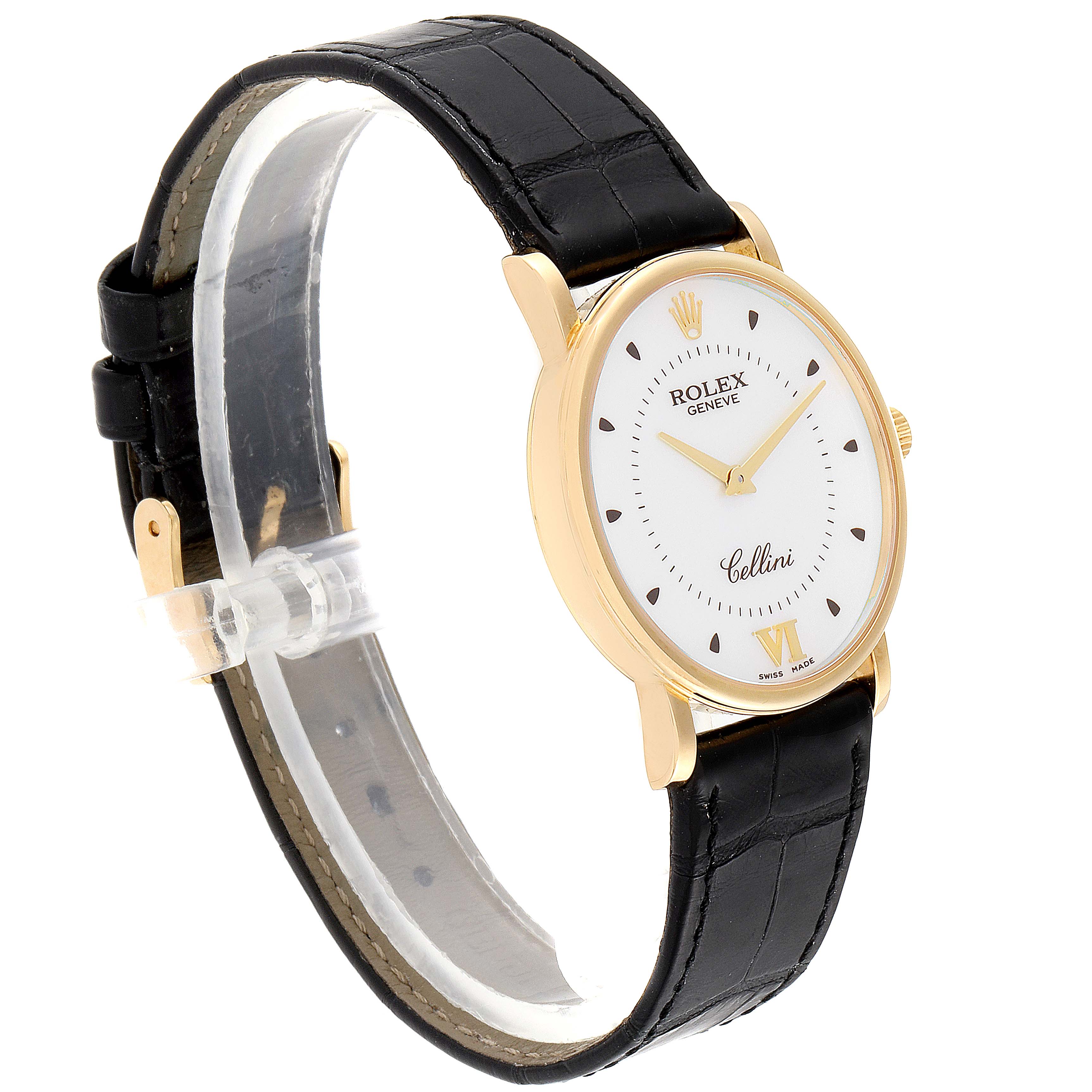 The image shows a Rolex Cellini 5115 Men's Yellow Gold Silver Dial 5115 Men's Yellow Gold Silver Dial watch at an angled side view, displaying its black leather strap and gold case.