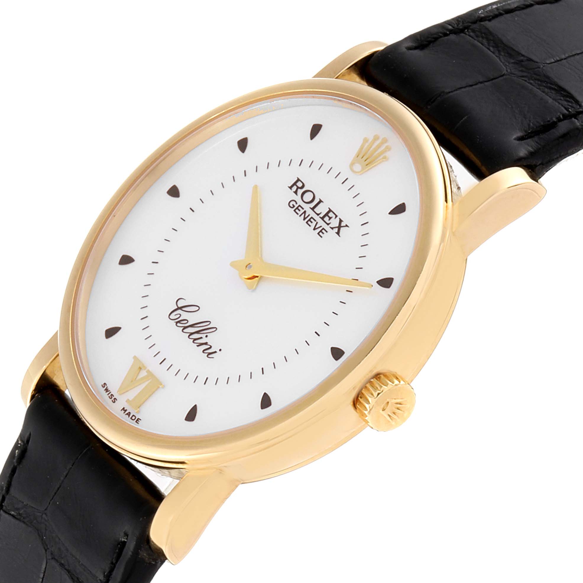 The Rolex Cellini 5115 Men's Yellow Gold Silver Dial 5115 Men's Yellow Gold Silver Dial watch is shown at an angle highlighting its face, crown, and leather strap.