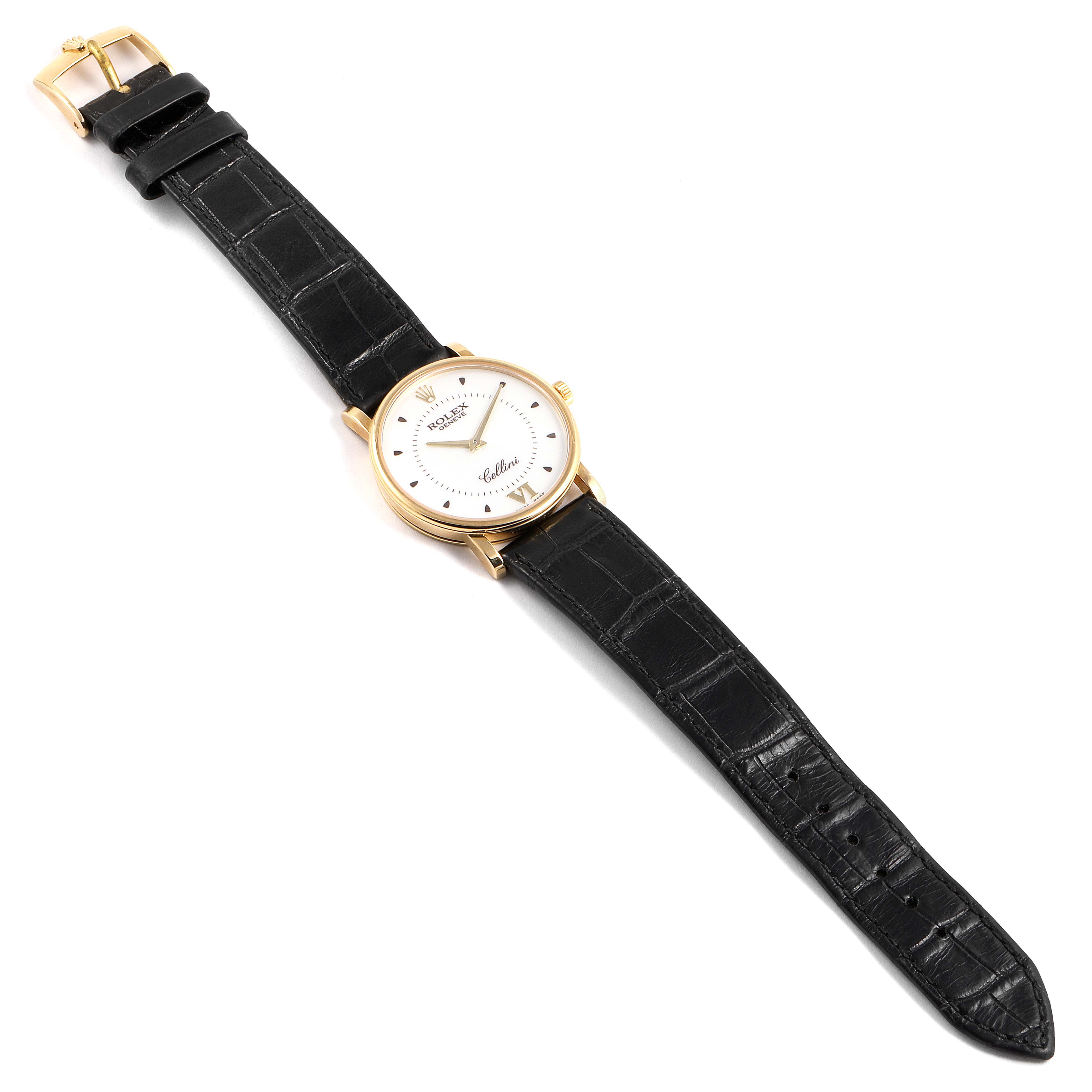 This image shows a Rolex Cellini 5115 Men's Yellow Gold Silver Dial 5115 Men's Yellow Gold Silver Dial watch laid flat, displaying the face, black leather strap, and gold buckle.