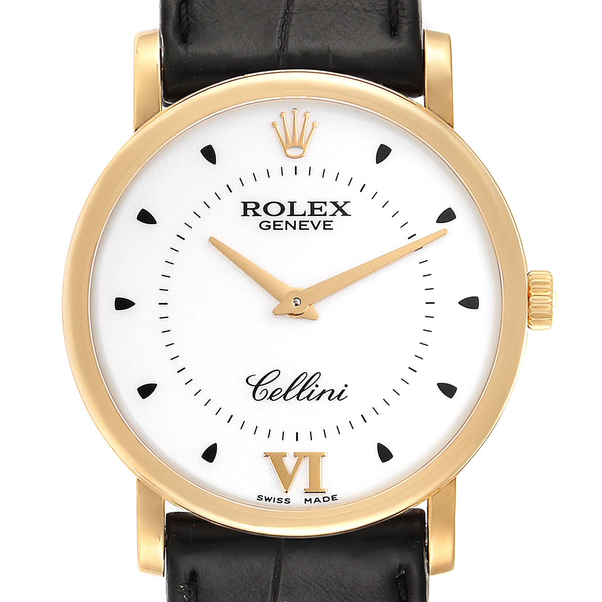 The image shows a front view of a Rolex Cellini 5115 Men's Yellow Gold Silver Dial 5115 Men's Yellow Gold Silver Dial watch, highlighting the dial, hands, crown, and leather strap.