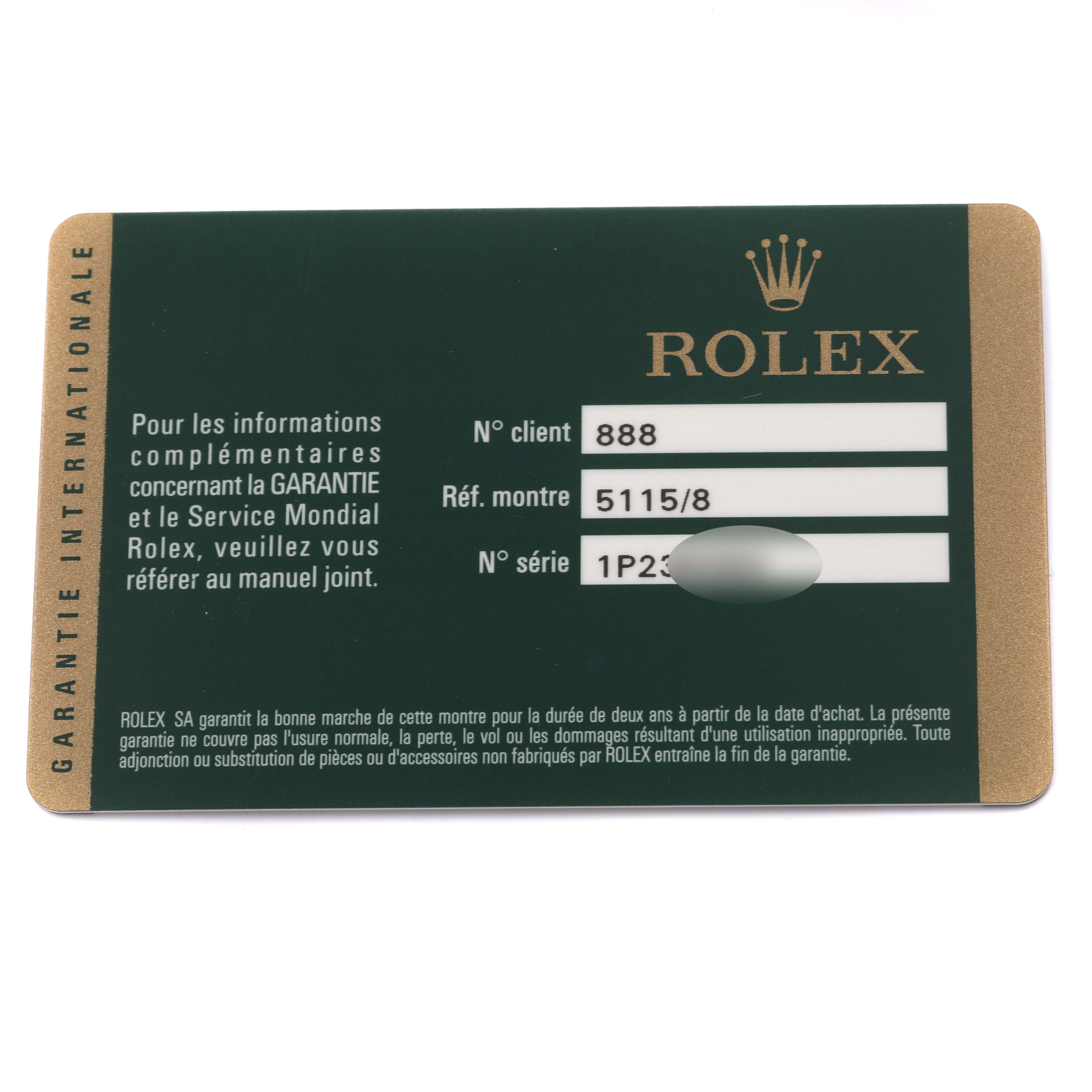 The image shows a warranty card for the Rolex Cellini 5115 Men's Yellow Gold Champagne Dial 5115 Men's Yellow Gold Champagne Dial model.