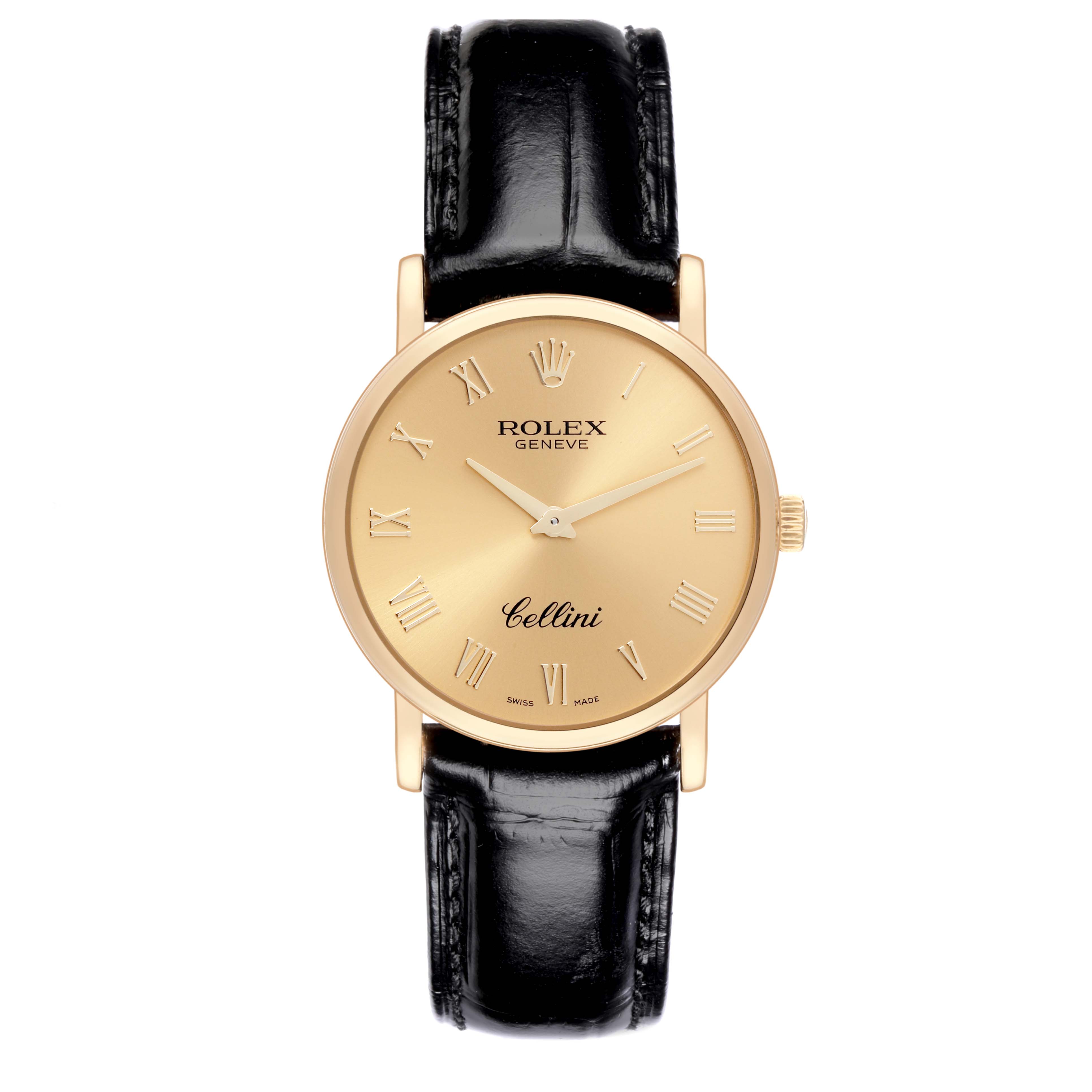 The Rolex Cellini 5115 Men's Yellow Gold Champagne Dial 5115 Men's Yellow Gold Champagne Dial watch is shown from the front, displaying its gold dial, Roman numerals, and black leather strap.