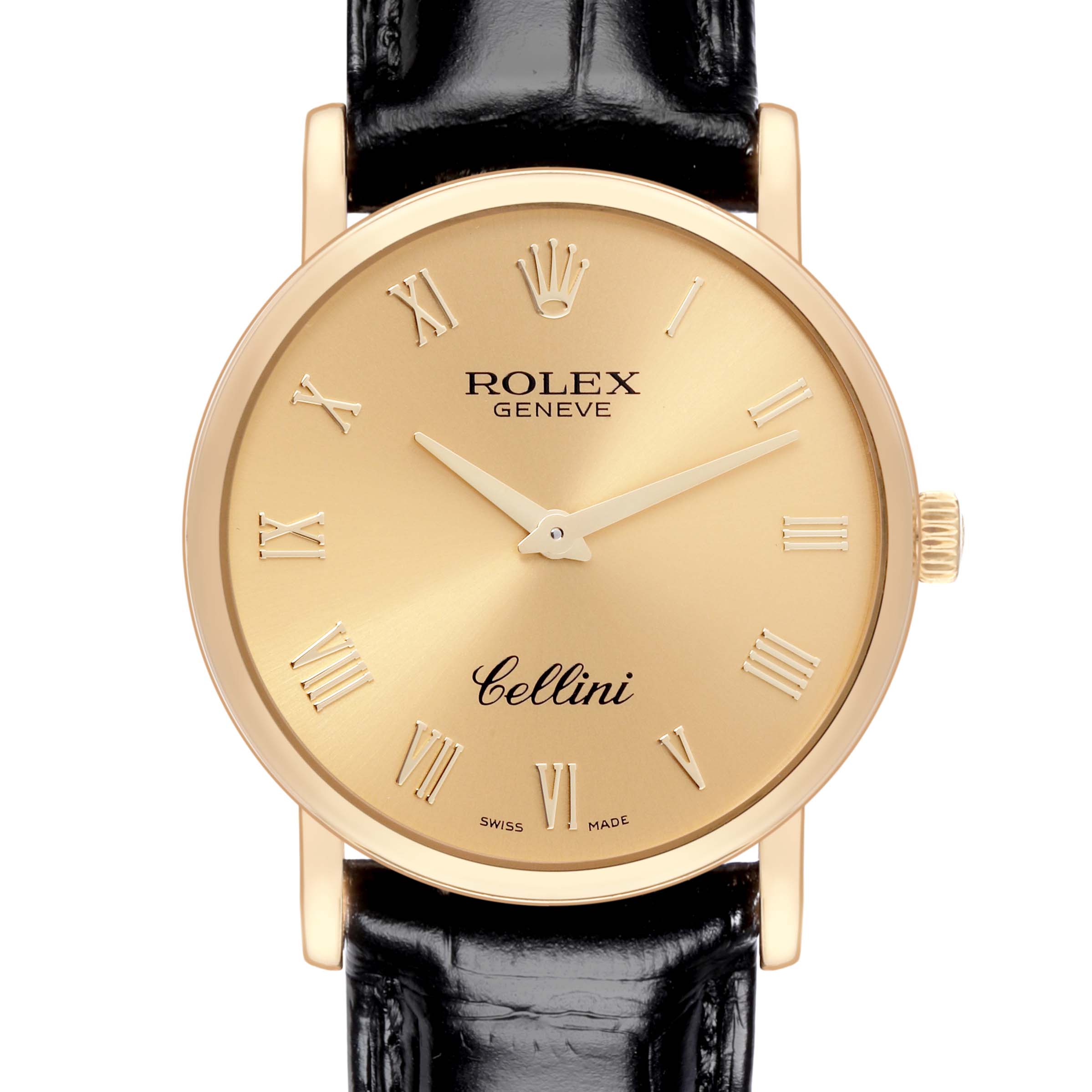 The Rolex Cellini 5115 Men's Yellow Gold Champagne Dial 5115 Men's Yellow Gold Champagne Dial watch is shown from the front, displaying the face and part of the leather strap.