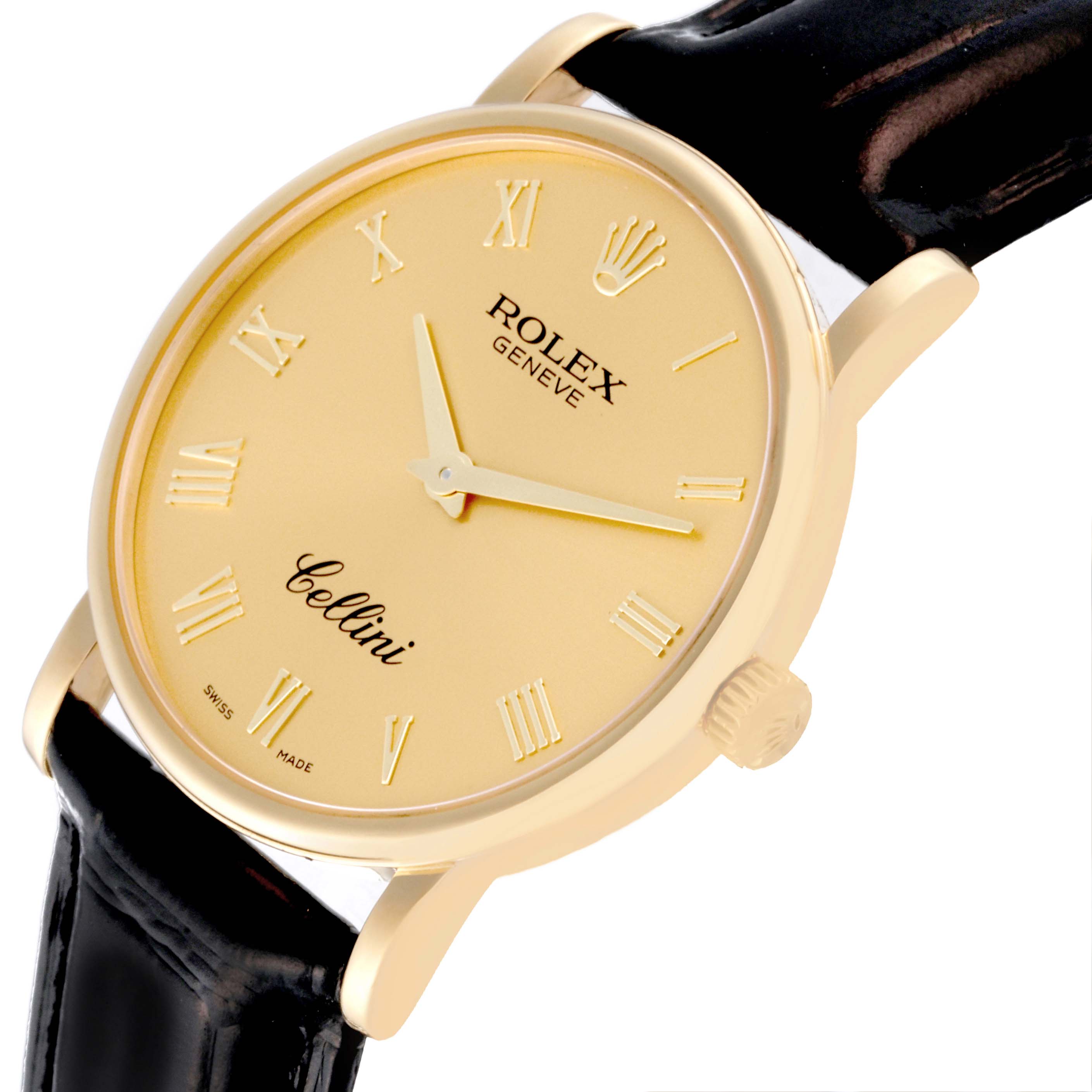 The Rolex Cellini 5115 Men's Yellow Gold Champagne Dial 5115 Men's Yellow Gold Champagne Dial watch is shown from a slightly angled view, highlighting the gold dial and black leather strap.