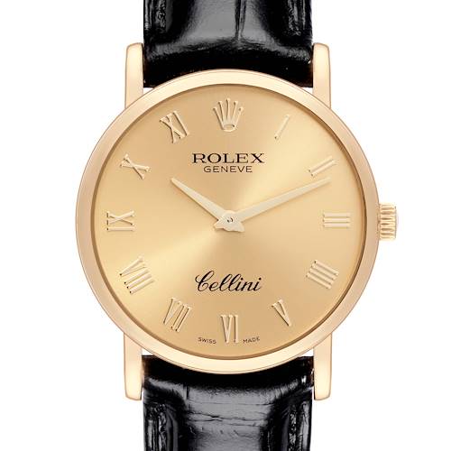 The Rolex Cellini watch is shown from a front angle, displaying the dial, hands, crown, and leather strap.